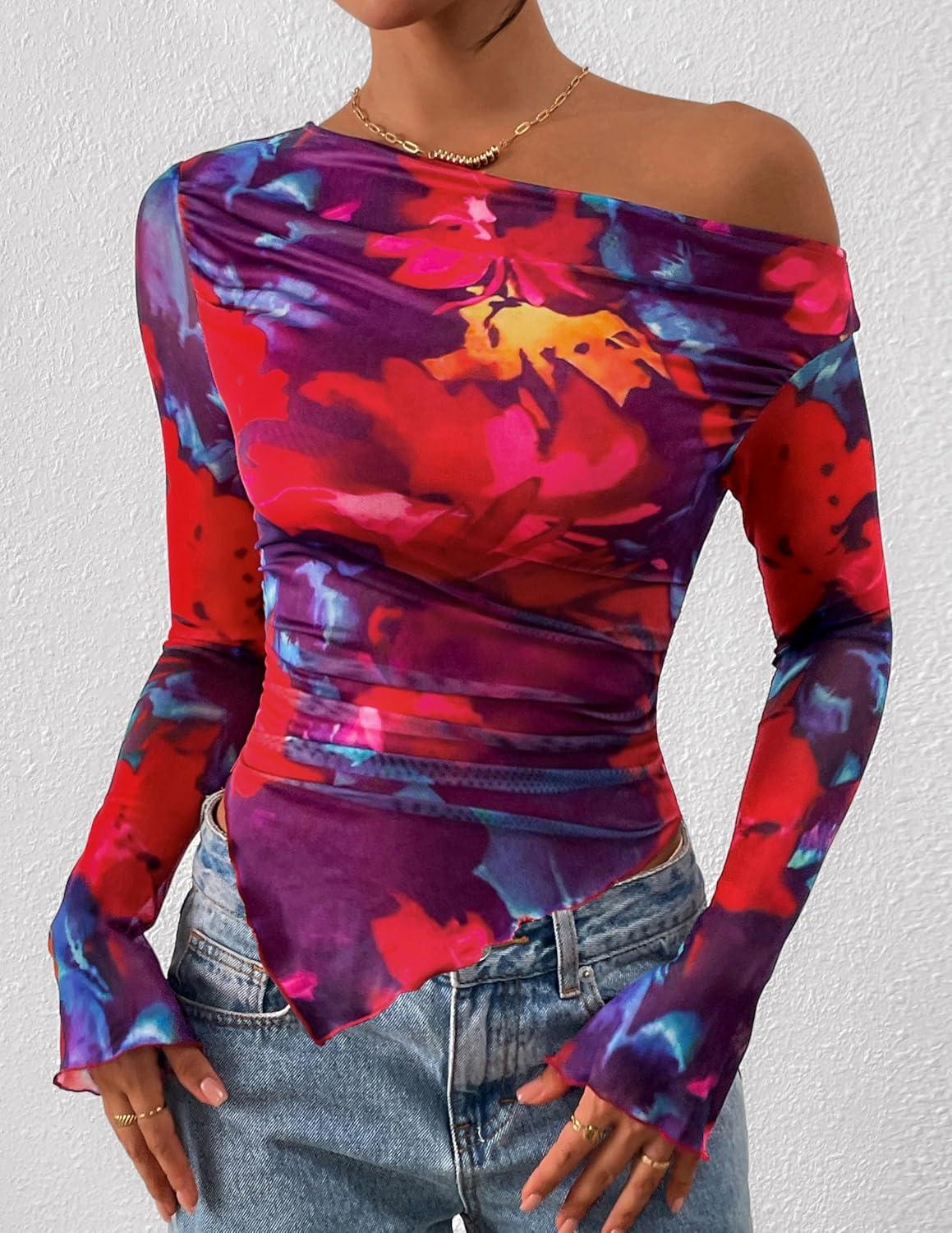 imagePRETTYGARDEN Womens Fall Trendy Off Shoulder Y2k Tops 2025 Tie Dye Mesh Long Sleeve Shirts Asymmetrical Ruched Floral BlouseFloral Navy Red
