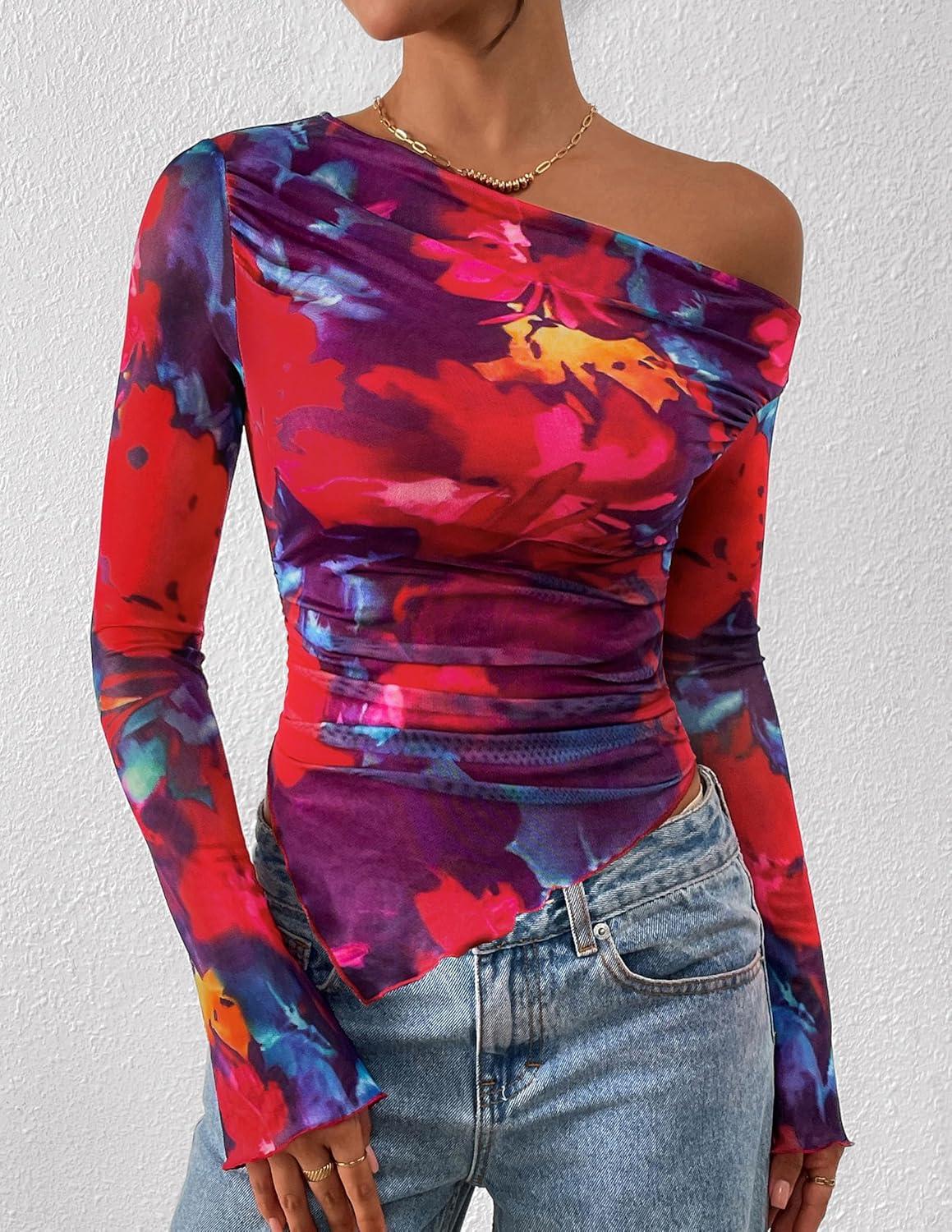 imagePRETTYGARDEN Womens Fall Trendy Off Shoulder Y2k Tops 2025 Tie Dye Mesh Long Sleeve Shirts Asymmetrical Ruched Floral BlouseFloral Navy Red