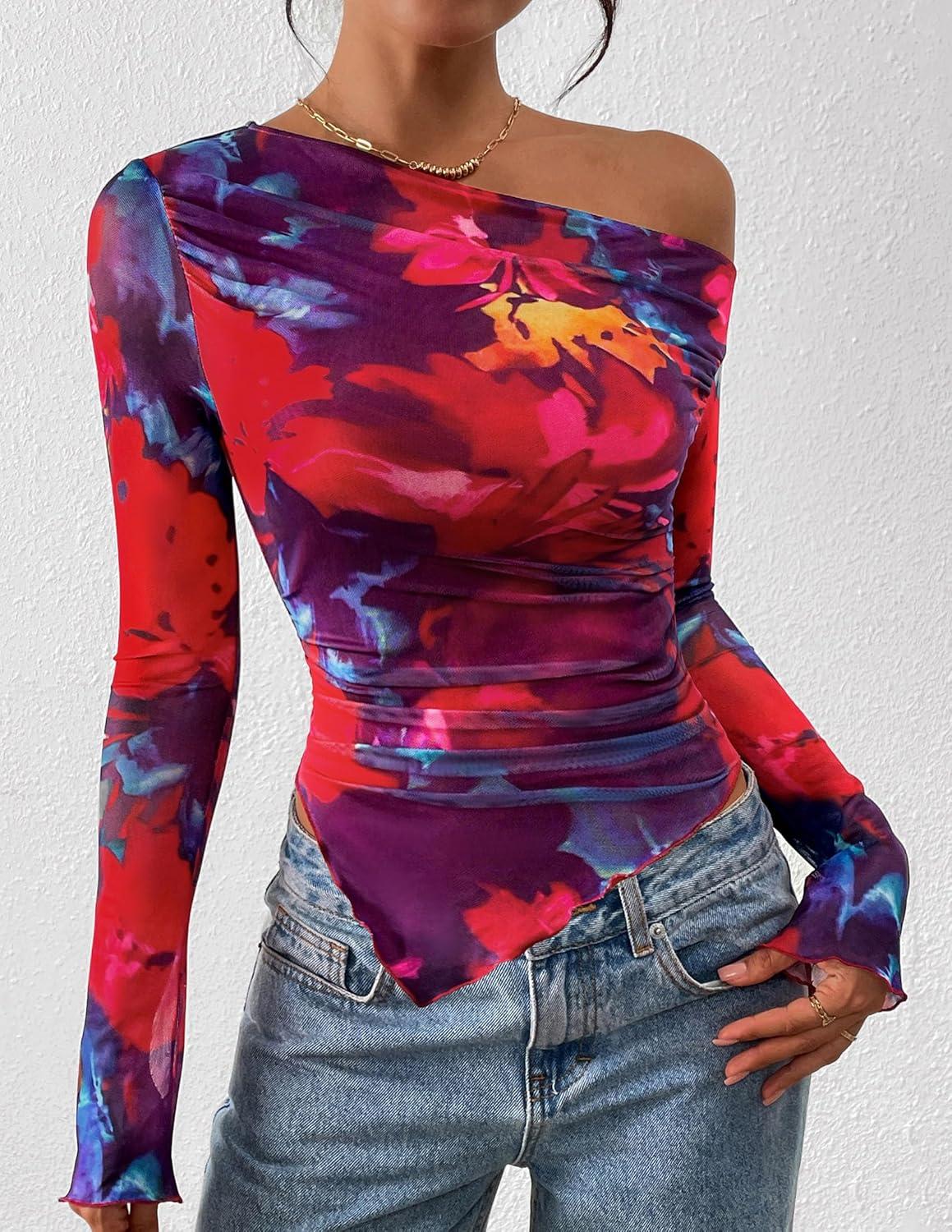 imagePRETTYGARDEN Womens Fall Trendy Off Shoulder Y2k Tops 2025 Tie Dye Mesh Long Sleeve Shirts Asymmetrical Ruched Floral BlouseFloral Navy Red