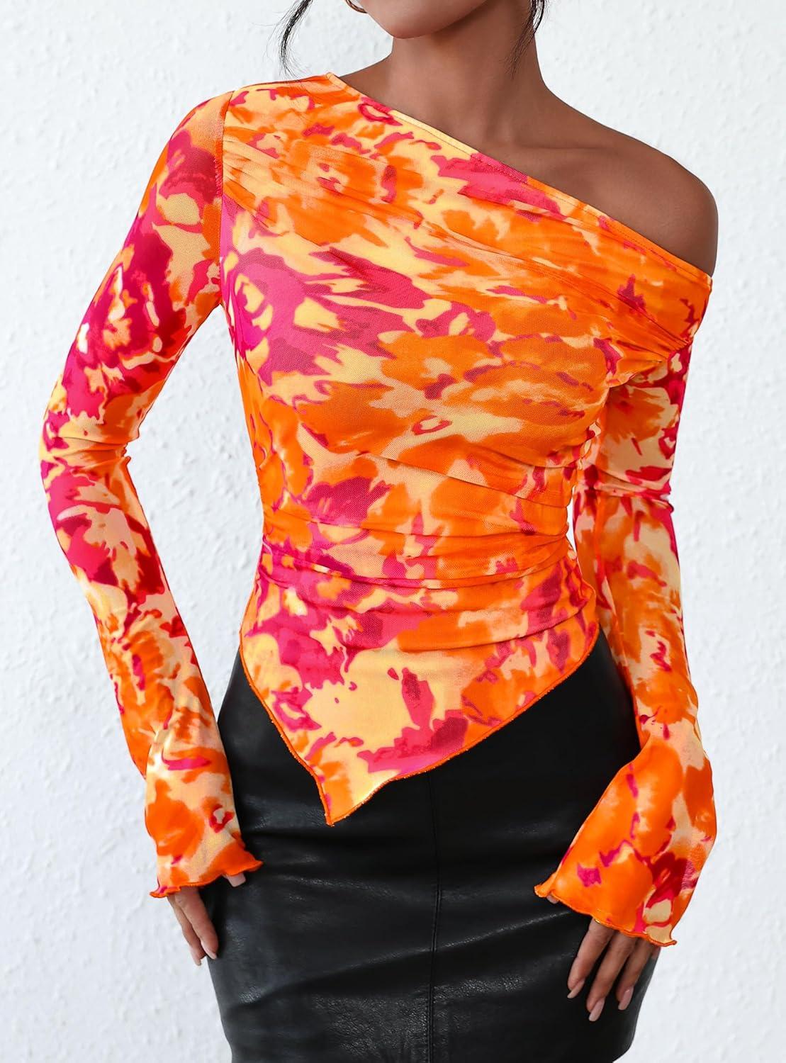imagePRETTYGARDEN Womens Fall Trendy Off Shoulder Y2k Tops 2025 Tie Dye Mesh Long Sleeve Shirts Asymmetrical Ruched Floral BlouseFloral Orange