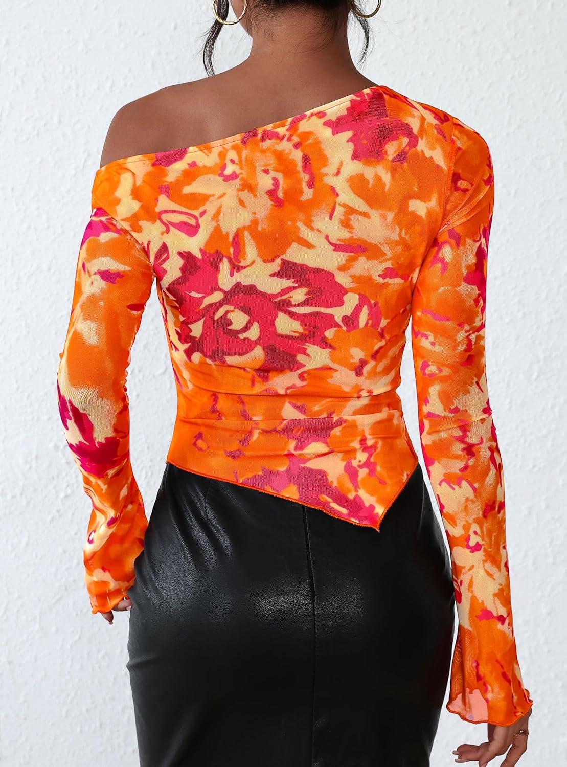 imagePRETTYGARDEN Womens Fall Trendy Off Shoulder Y2k Tops 2025 Tie Dye Mesh Long Sleeve Shirts Asymmetrical Ruched Floral BlouseFloral Orange