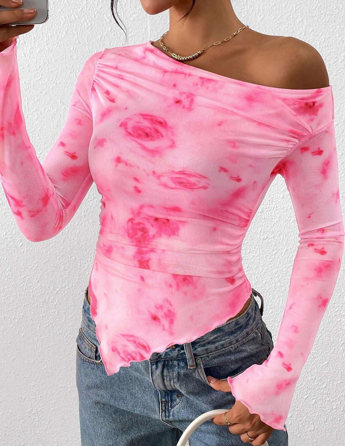 imagePRETTYGARDEN Womens Fall Trendy Off Shoulder Y2k Tops 2025 Tie Dye Mesh Long Sleeve Shirts Asymmetrical Ruched Floral BlouseFloral Pink Red