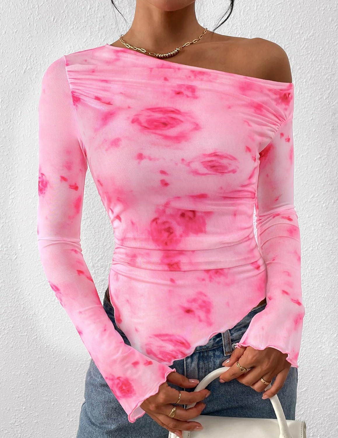 imagePRETTYGARDEN Womens Fall Trendy Off Shoulder Y2k Tops 2025 Tie Dye Mesh Long Sleeve Shirts Asymmetrical Ruched Floral BlouseFloral Pink Red