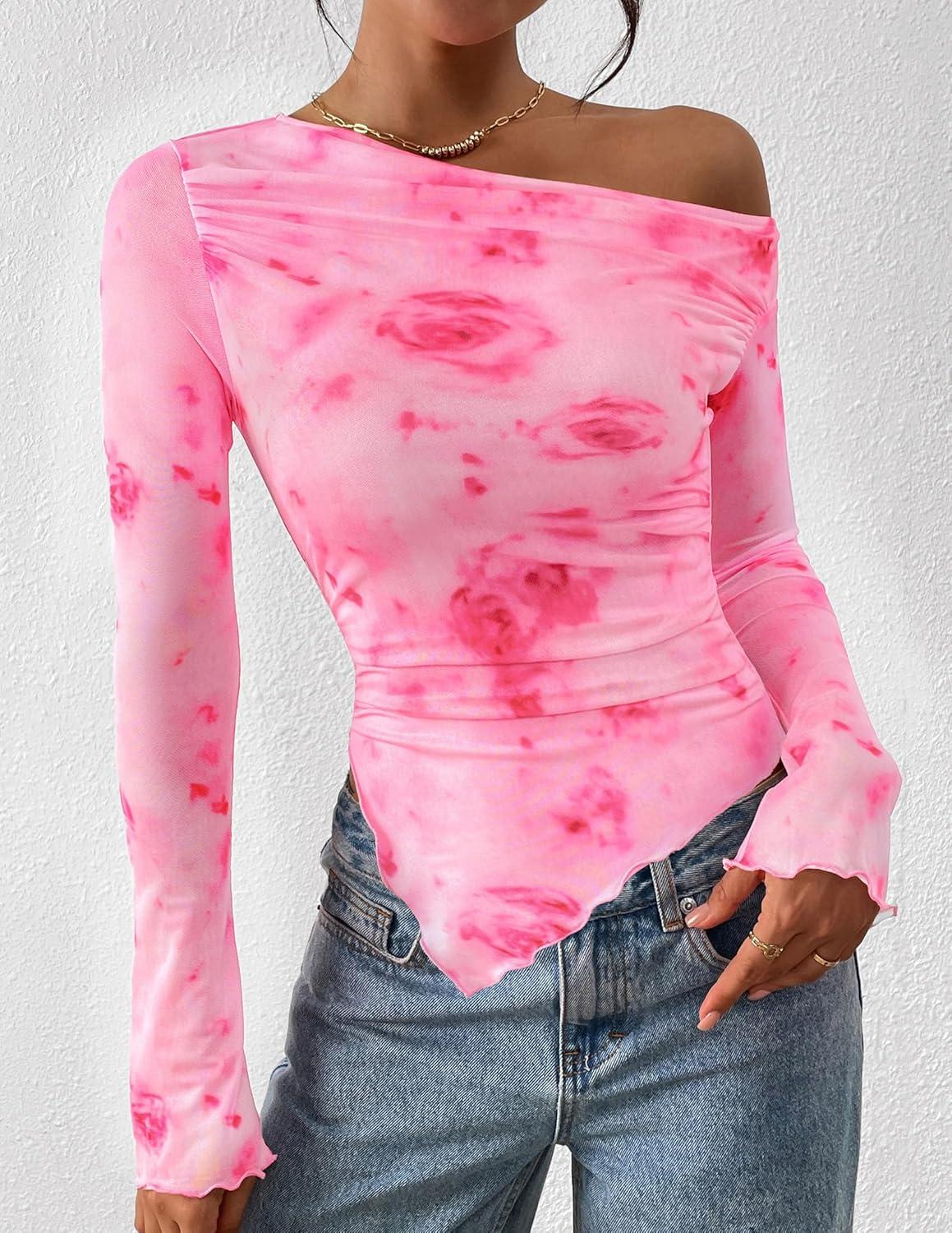 imagePRETTYGARDEN Womens Fall Trendy Off Shoulder Y2k Tops 2025 Tie Dye Mesh Long Sleeve Shirts Asymmetrical Ruched Floral BlouseFloral Pink Red