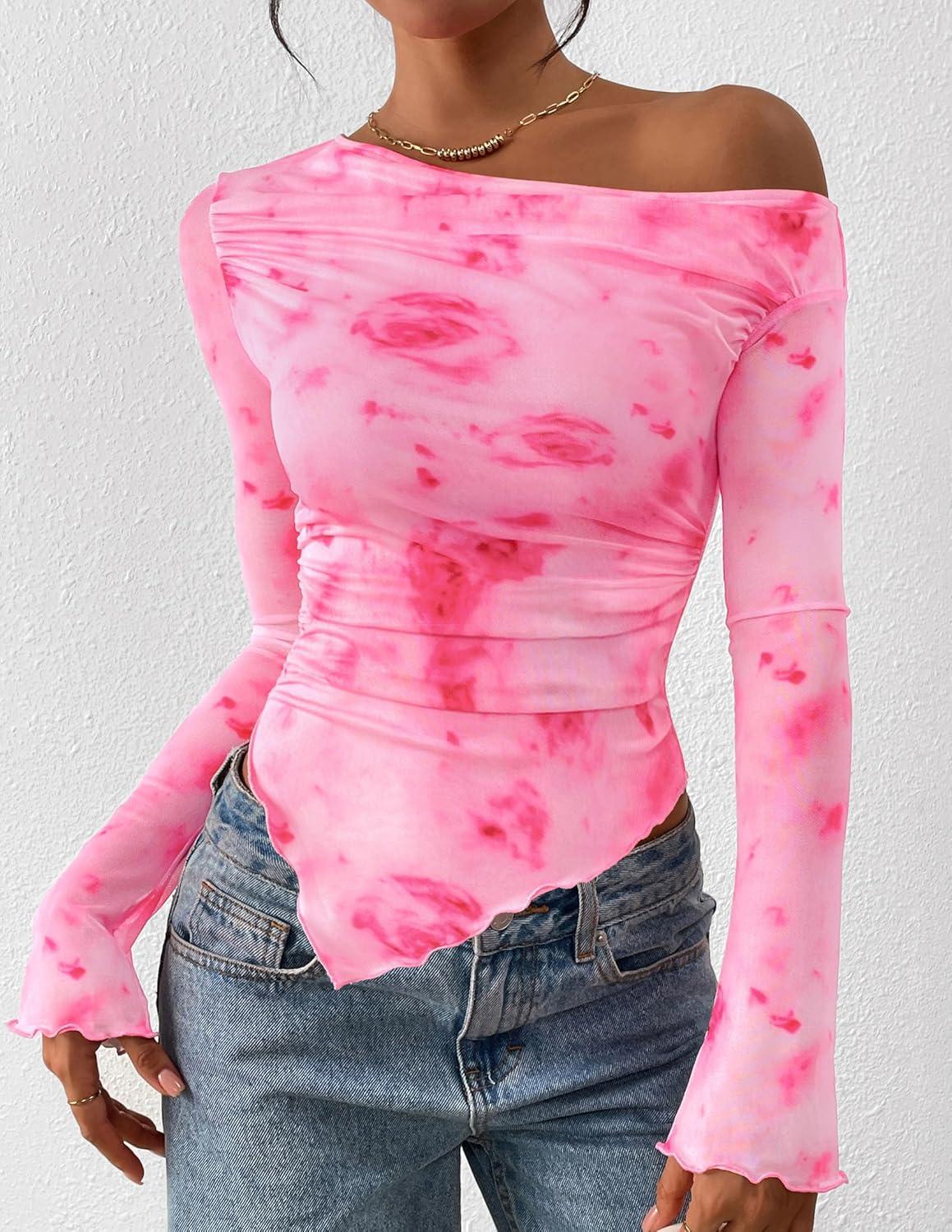 imagePRETTYGARDEN Womens Fall Trendy Off Shoulder Y2k Tops 2025 Tie Dye Mesh Long Sleeve Shirts Asymmetrical Ruched Floral BlouseFloral Pink Red