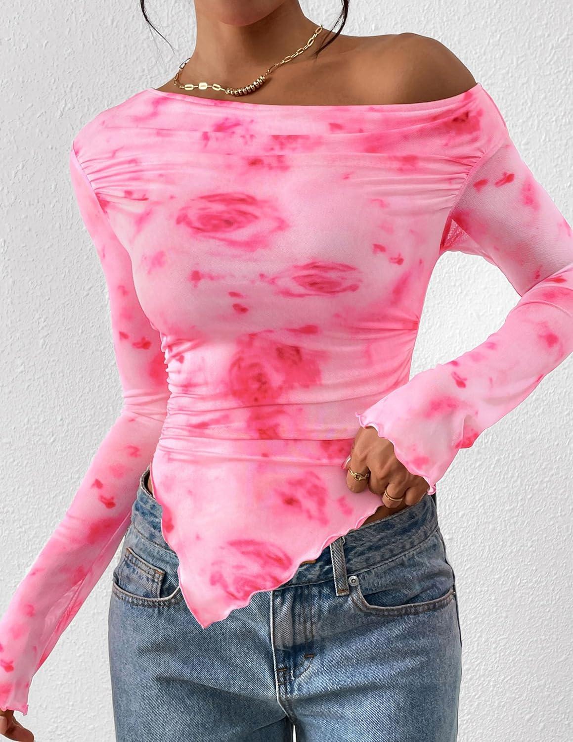 imagePRETTYGARDEN Womens Fall Trendy Off Shoulder Y2k Tops 2025 Tie Dye Mesh Long Sleeve Shirts Asymmetrical Ruched Floral BlouseFloral Pink Red