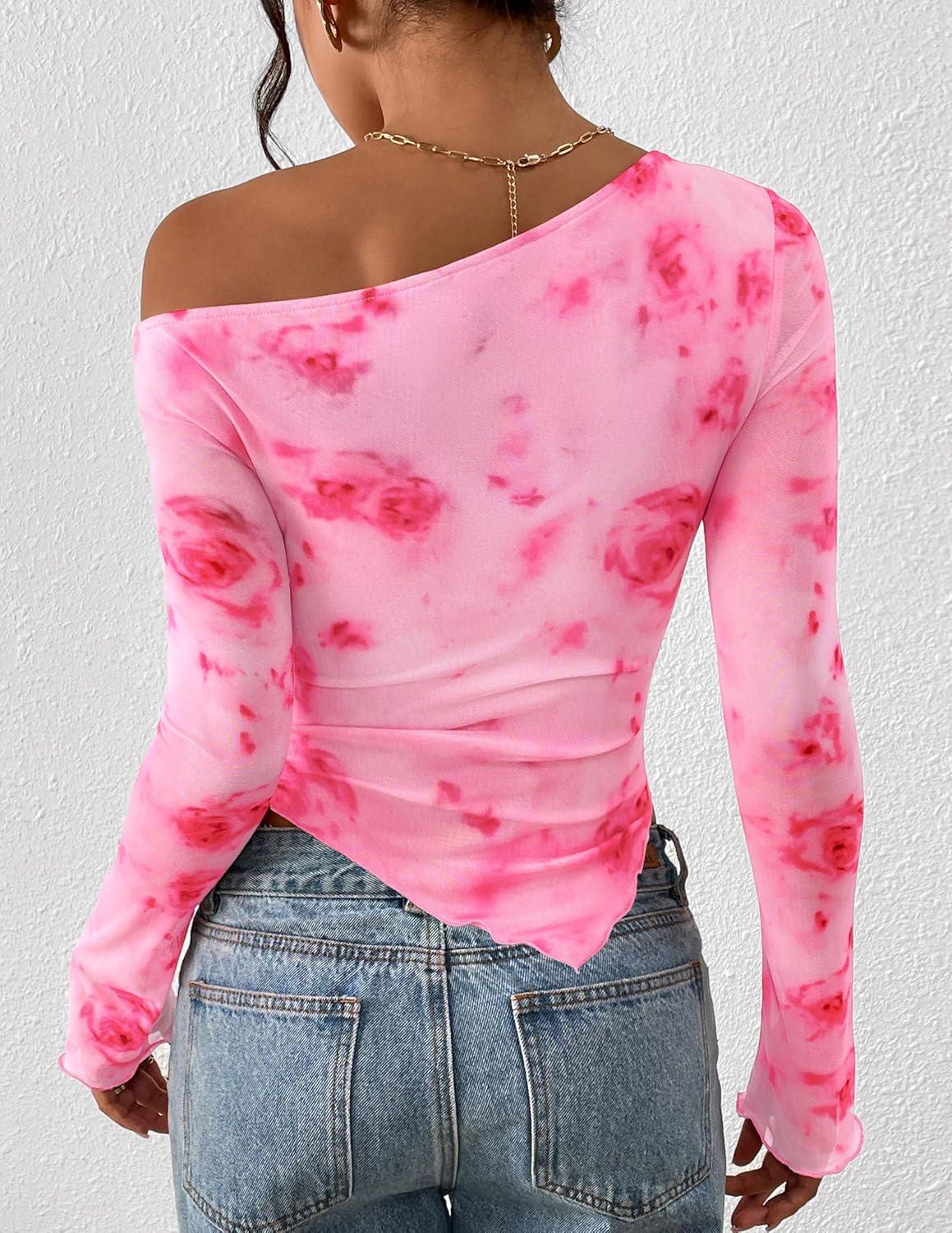 imagePRETTYGARDEN Womens Fall Trendy Off Shoulder Y2k Tops 2025 Tie Dye Mesh Long Sleeve Shirts Asymmetrical Ruched Floral BlouseFloral Pink Red