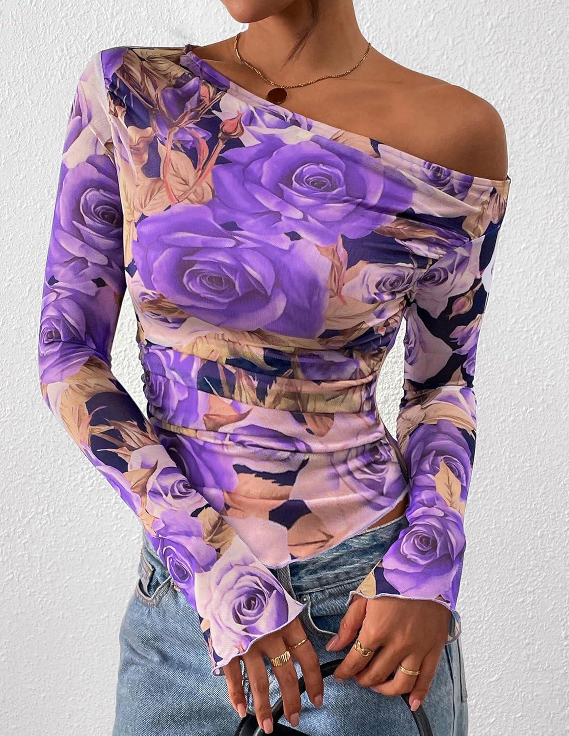 imagePRETTYGARDEN Womens Fall Trendy Off Shoulder Y2k Tops 2025 Tie Dye Mesh Long Sleeve Shirts Asymmetrical Ruched Floral BlouseFloral Purple