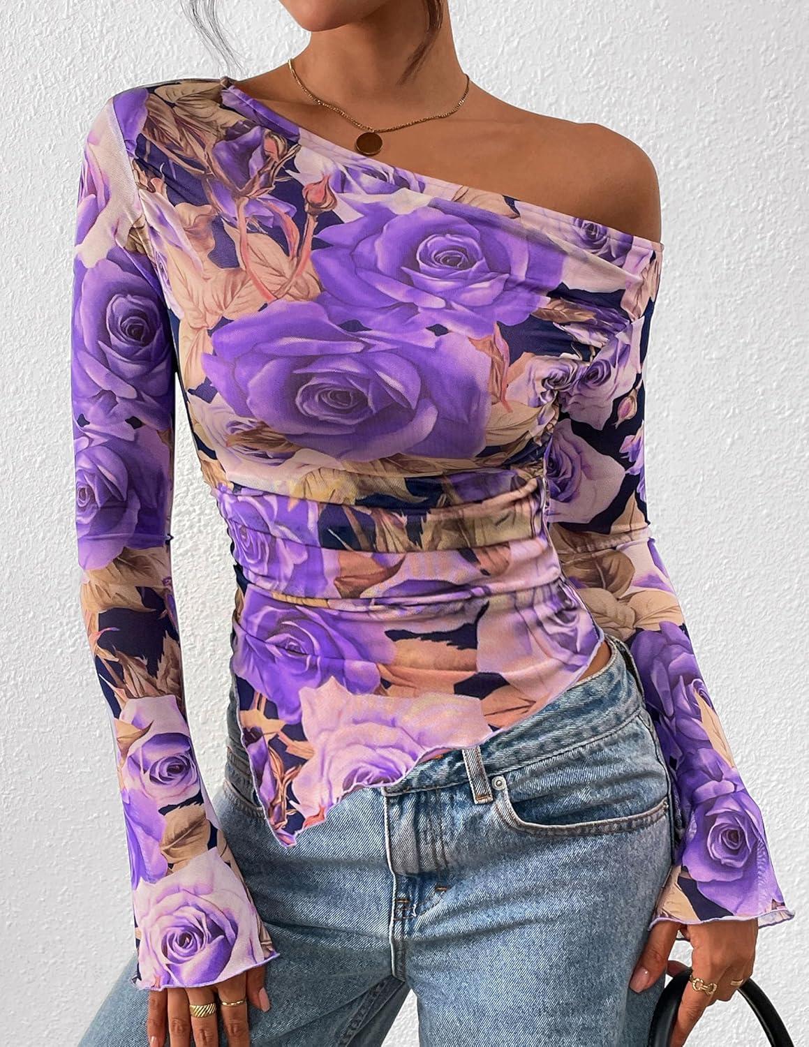 imagePRETTYGARDEN Womens Fall Trendy Off Shoulder Y2k Tops 2025 Tie Dye Mesh Long Sleeve Shirts Asymmetrical Ruched Floral BlouseFloral Purple