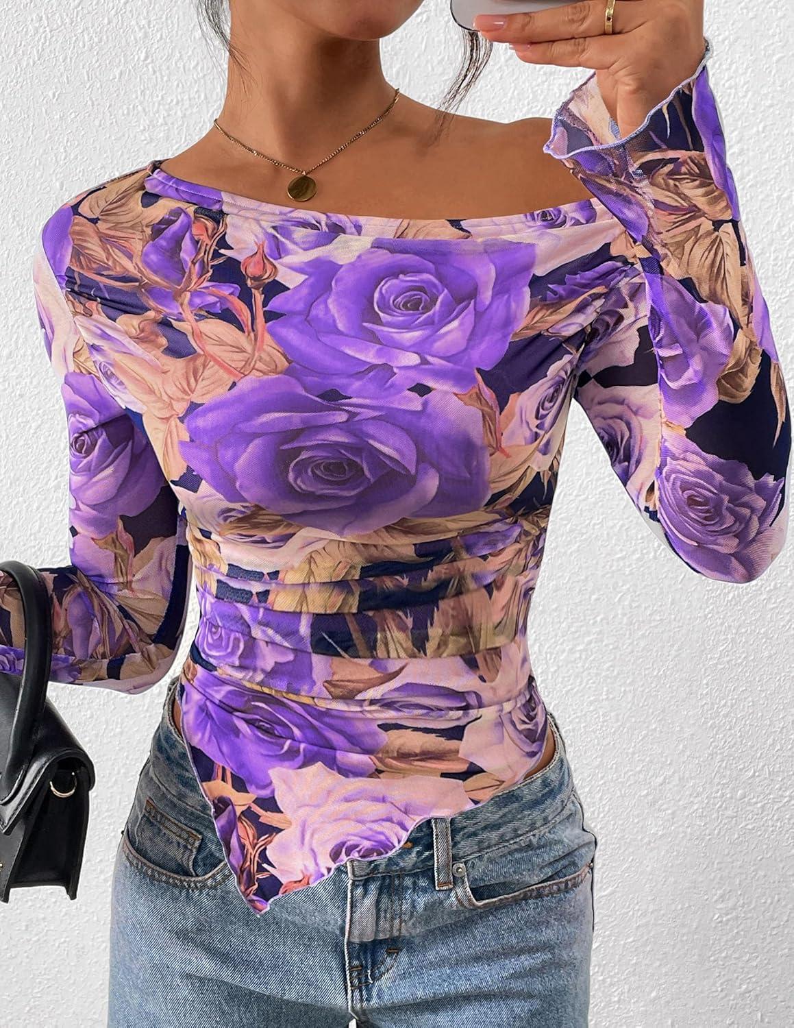 imagePRETTYGARDEN Womens Fall Trendy Off Shoulder Y2k Tops 2025 Tie Dye Mesh Long Sleeve Shirts Asymmetrical Ruched Floral BlouseFloral Purple