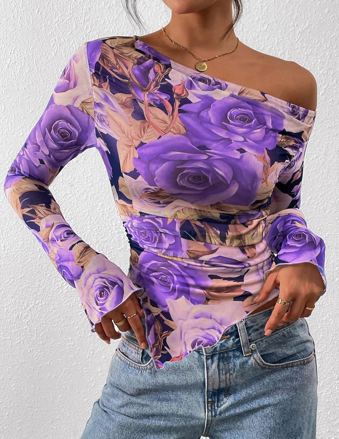 imagePRETTYGARDEN Womens Fall Trendy Off Shoulder Y2k Tops 2025 Tie Dye Mesh Long Sleeve Shirts Asymmetrical Ruched Floral BlouseFloral Purple