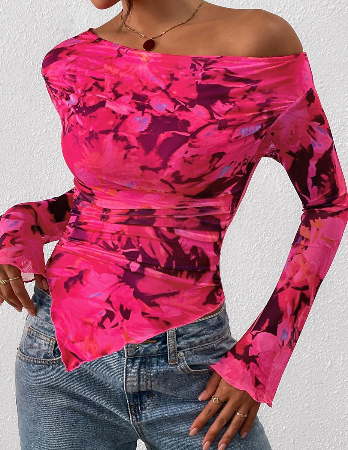 imagePRETTYGARDEN Womens Fall Trendy Off Shoulder Y2k Tops 2025 Tie Dye Mesh Long Sleeve Shirts Asymmetrical Ruched Floral BlouseFloral Rose Red