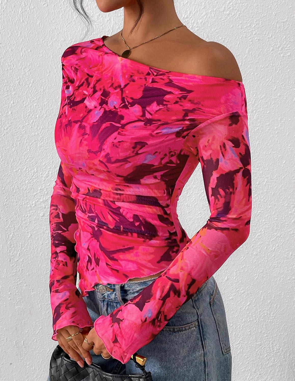 imagePRETTYGARDEN Womens Fall Trendy Off Shoulder Y2k Tops 2025 Tie Dye Mesh Long Sleeve Shirts Asymmetrical Ruched Floral BlouseFloral Rose Red