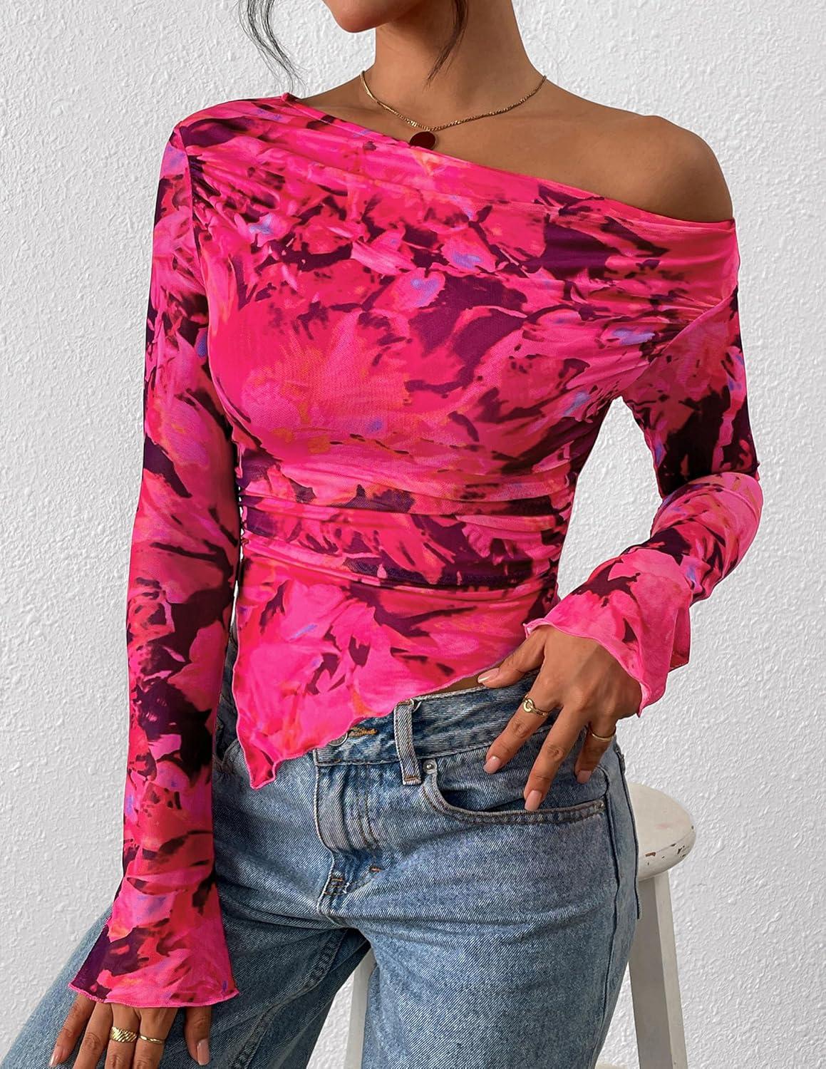 imagePRETTYGARDEN Womens Fall Trendy Off Shoulder Y2k Tops 2025 Tie Dye Mesh Long Sleeve Shirts Asymmetrical Ruched Floral BlouseFloral Rose Red