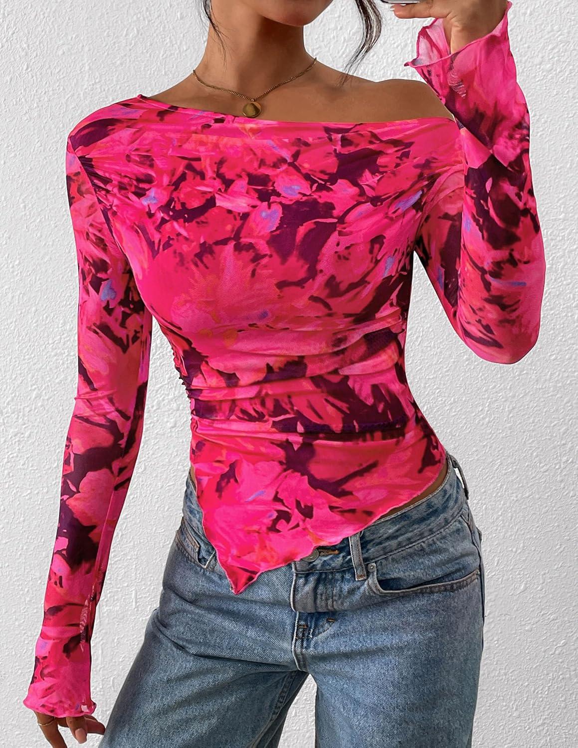 imagePRETTYGARDEN Womens Fall Trendy Off Shoulder Y2k Tops 2025 Tie Dye Mesh Long Sleeve Shirts Asymmetrical Ruched Floral BlouseFloral Rose Red