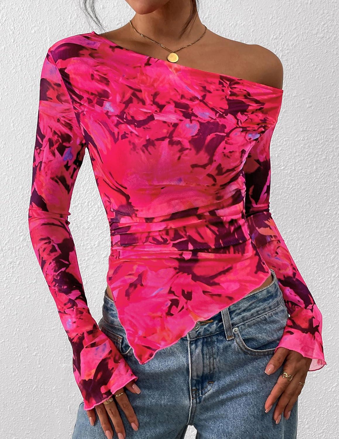 imagePRETTYGARDEN Womens Fall Trendy Off Shoulder Y2k Tops 2025 Tie Dye Mesh Long Sleeve Shirts Asymmetrical Ruched Floral BlouseFloral Rose Red