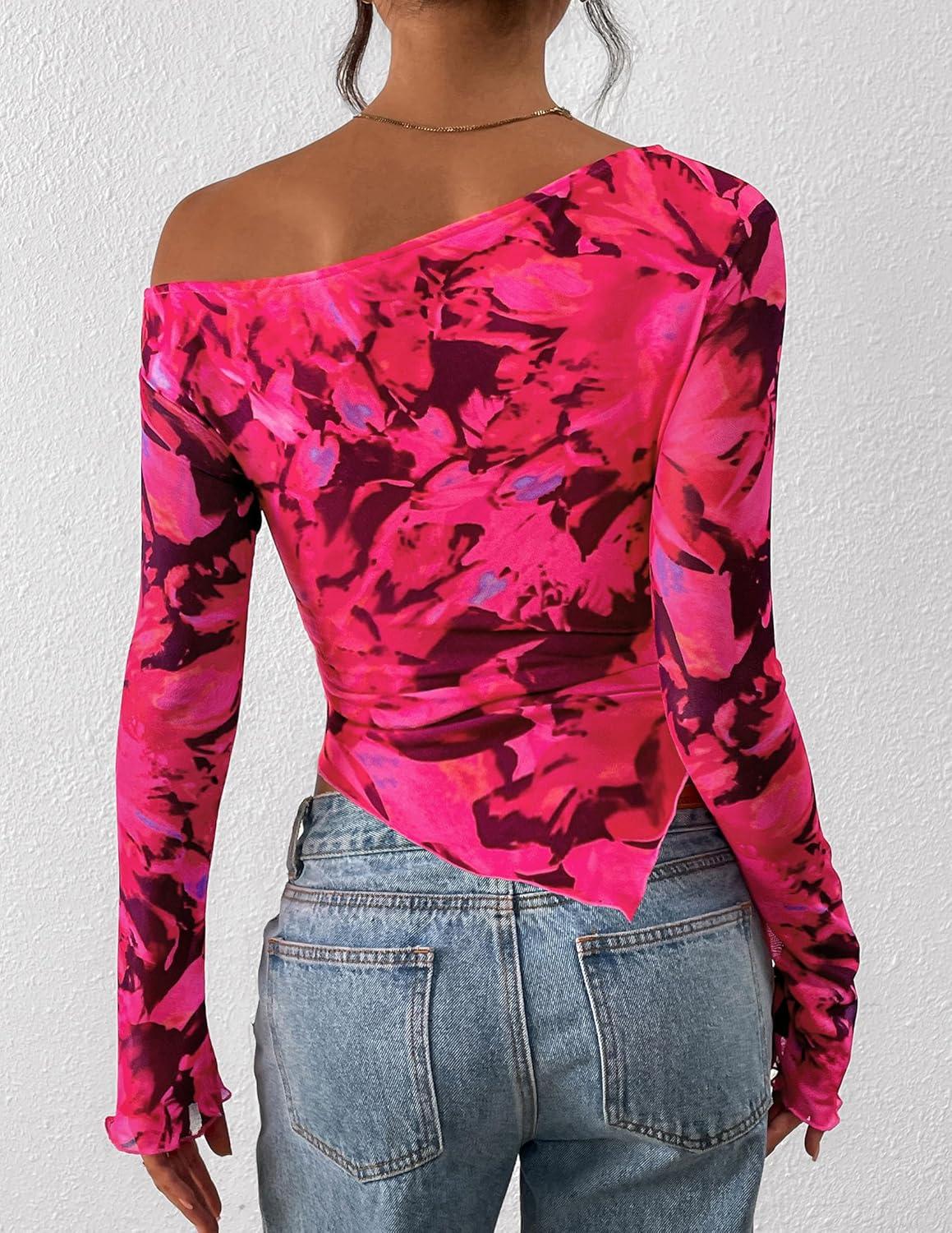 imagePRETTYGARDEN Womens Fall Trendy Off Shoulder Y2k Tops 2025 Tie Dye Mesh Long Sleeve Shirts Asymmetrical Ruched Floral BlouseFloral Rose Red