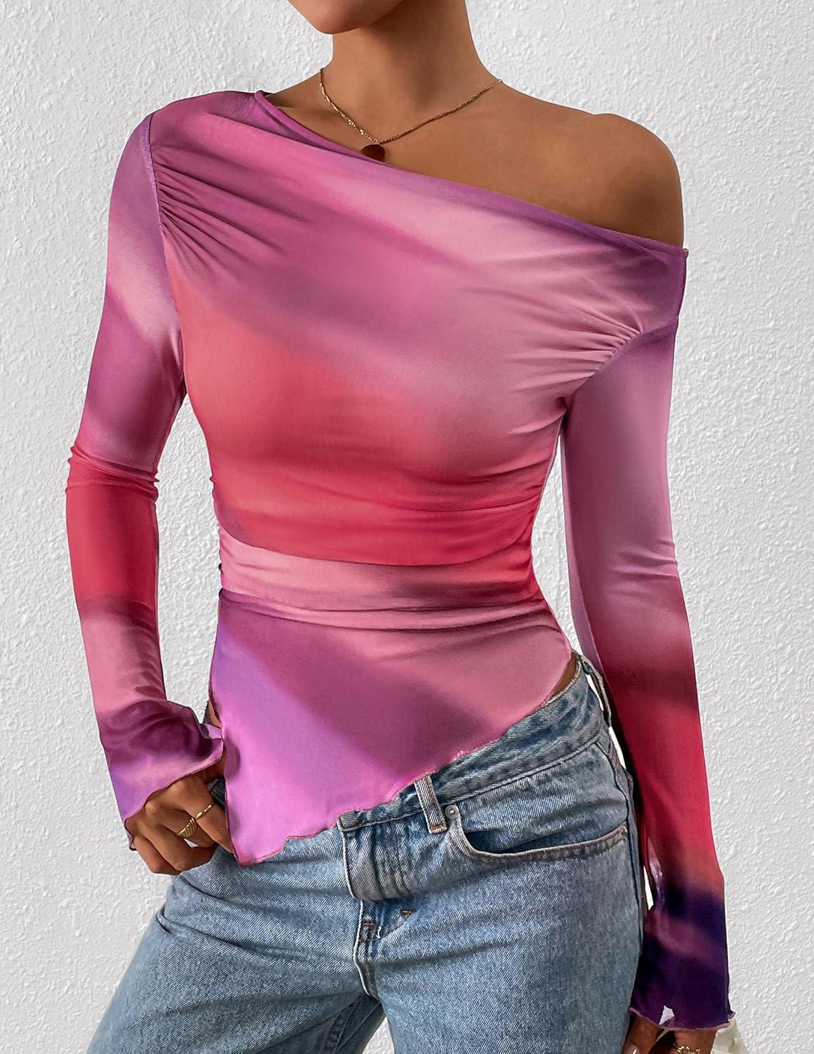 imagePRETTYGARDEN Womens Fall Trendy Off Shoulder Y2k Tops 2025 Tie Dye Mesh Long Sleeve Shirts Asymmetrical Ruched Floral BlouseMulticolour Print