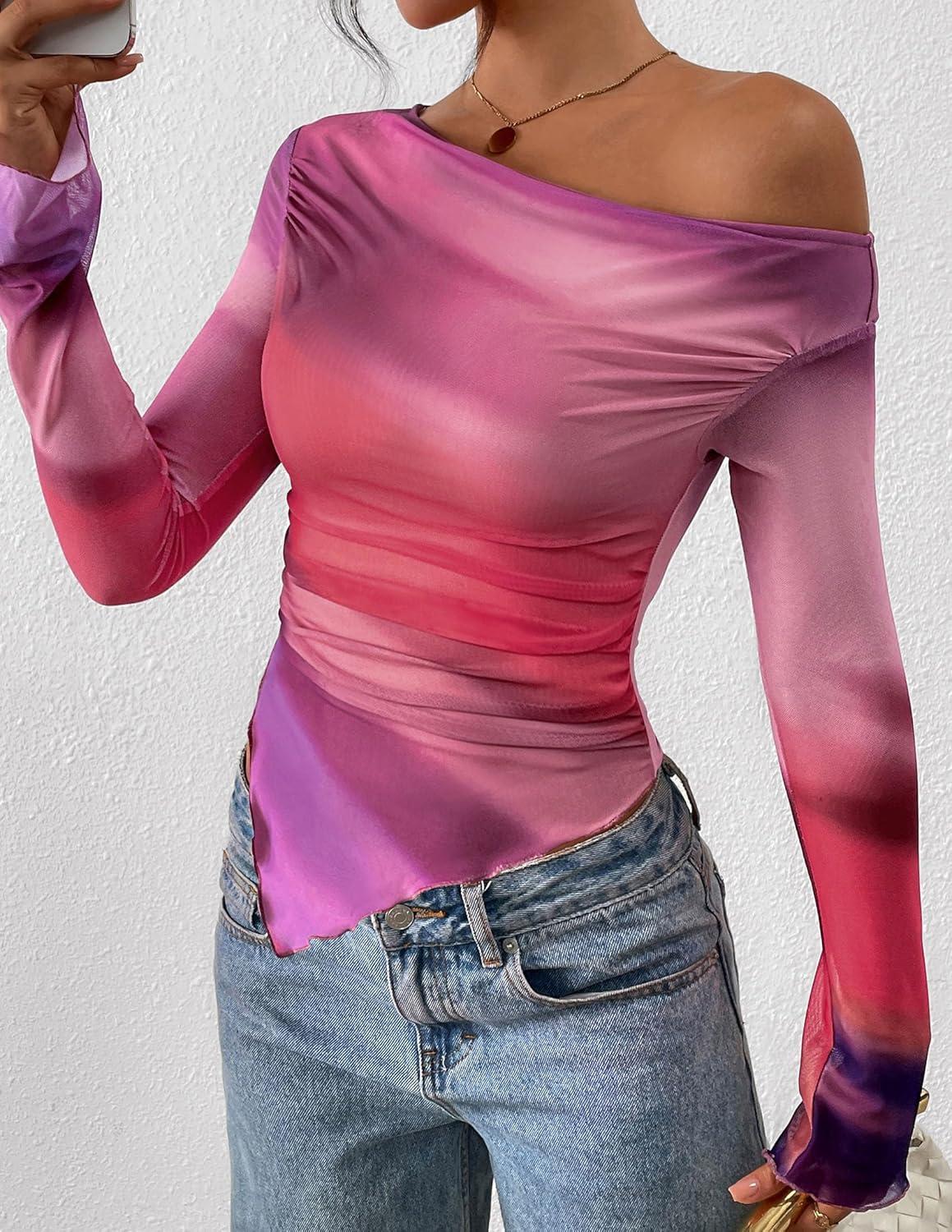 imagePRETTYGARDEN Womens Fall Trendy Off Shoulder Y2k Tops 2025 Tie Dye Mesh Long Sleeve Shirts Asymmetrical Ruched Floral BlouseMulticolour Print