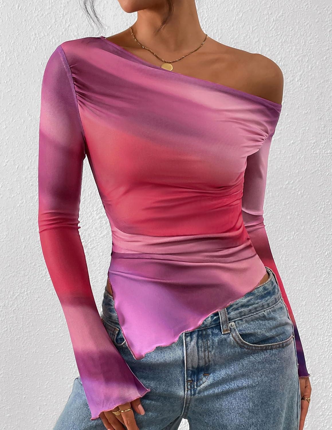 imagePRETTYGARDEN Womens Fall Trendy Off Shoulder Y2k Tops 2025 Tie Dye Mesh Long Sleeve Shirts Asymmetrical Ruched Floral BlouseMulticolour Print
