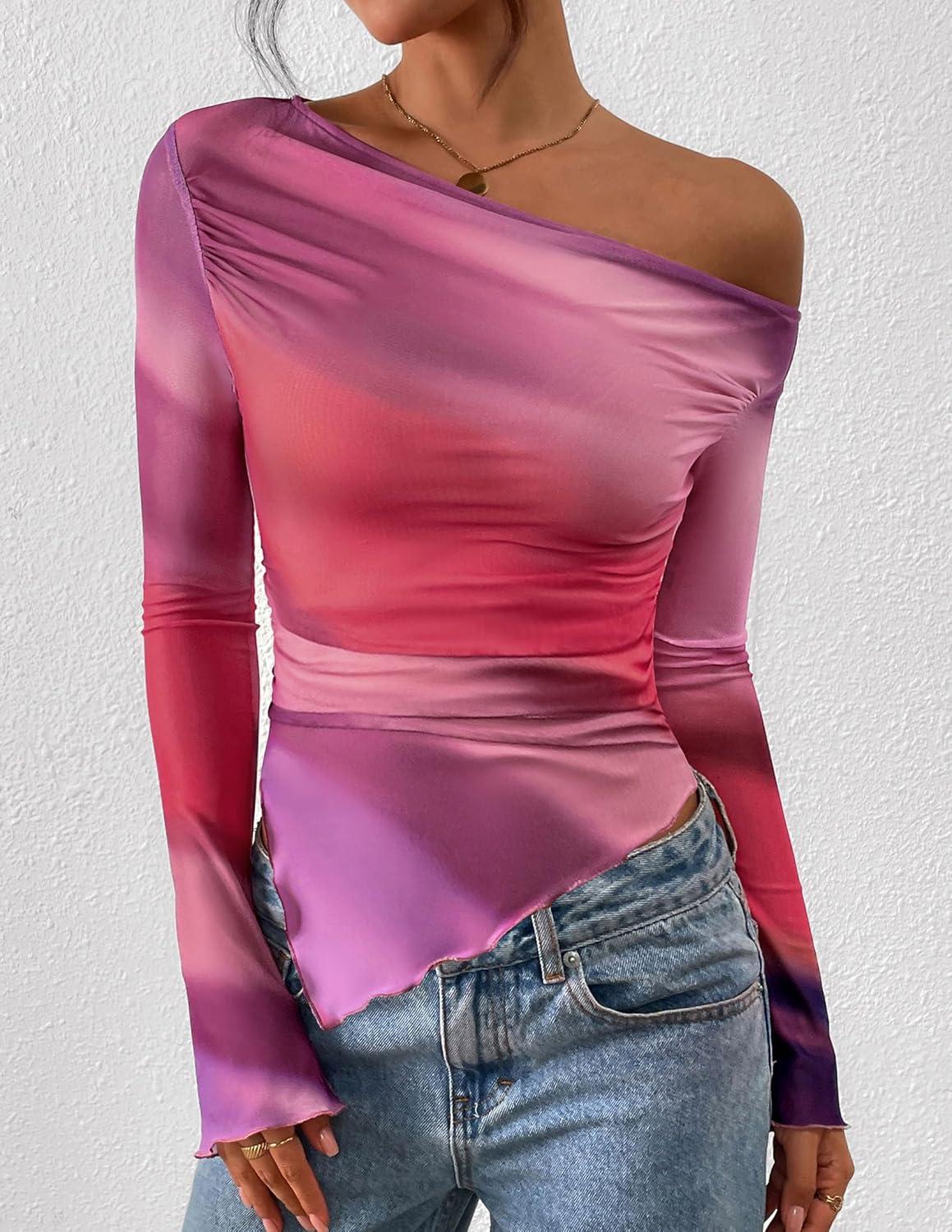 imagePRETTYGARDEN Womens Fall Trendy Off Shoulder Y2k Tops 2025 Tie Dye Mesh Long Sleeve Shirts Asymmetrical Ruched Floral BlouseMulticolour Print