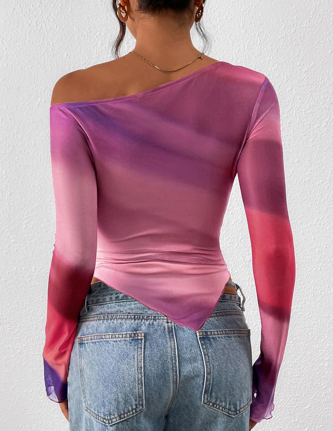 imagePRETTYGARDEN Womens Fall Trendy Off Shoulder Y2k Tops 2025 Tie Dye Mesh Long Sleeve Shirts Asymmetrical Ruched Floral BlouseMulticolour Print