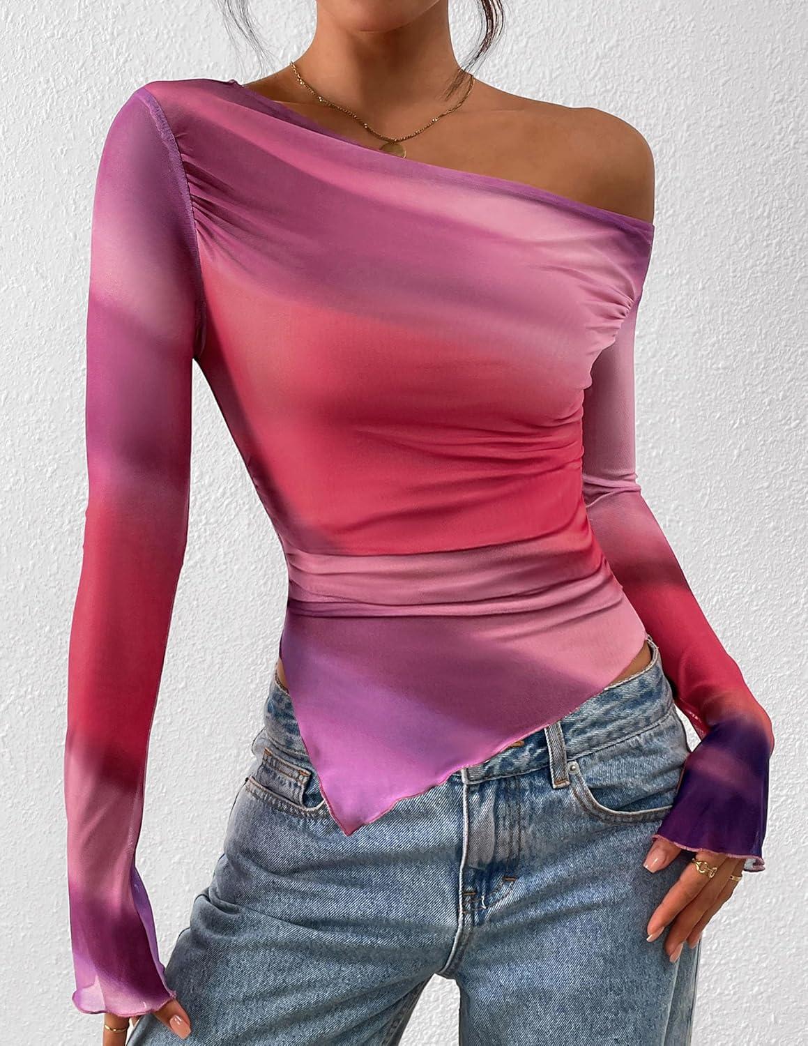 imagePRETTYGARDEN Womens Fall Trendy Off Shoulder Y2k Tops 2025 Tie Dye Mesh Long Sleeve Shirts Asymmetrical Ruched Floral BlouseMulticolour Print