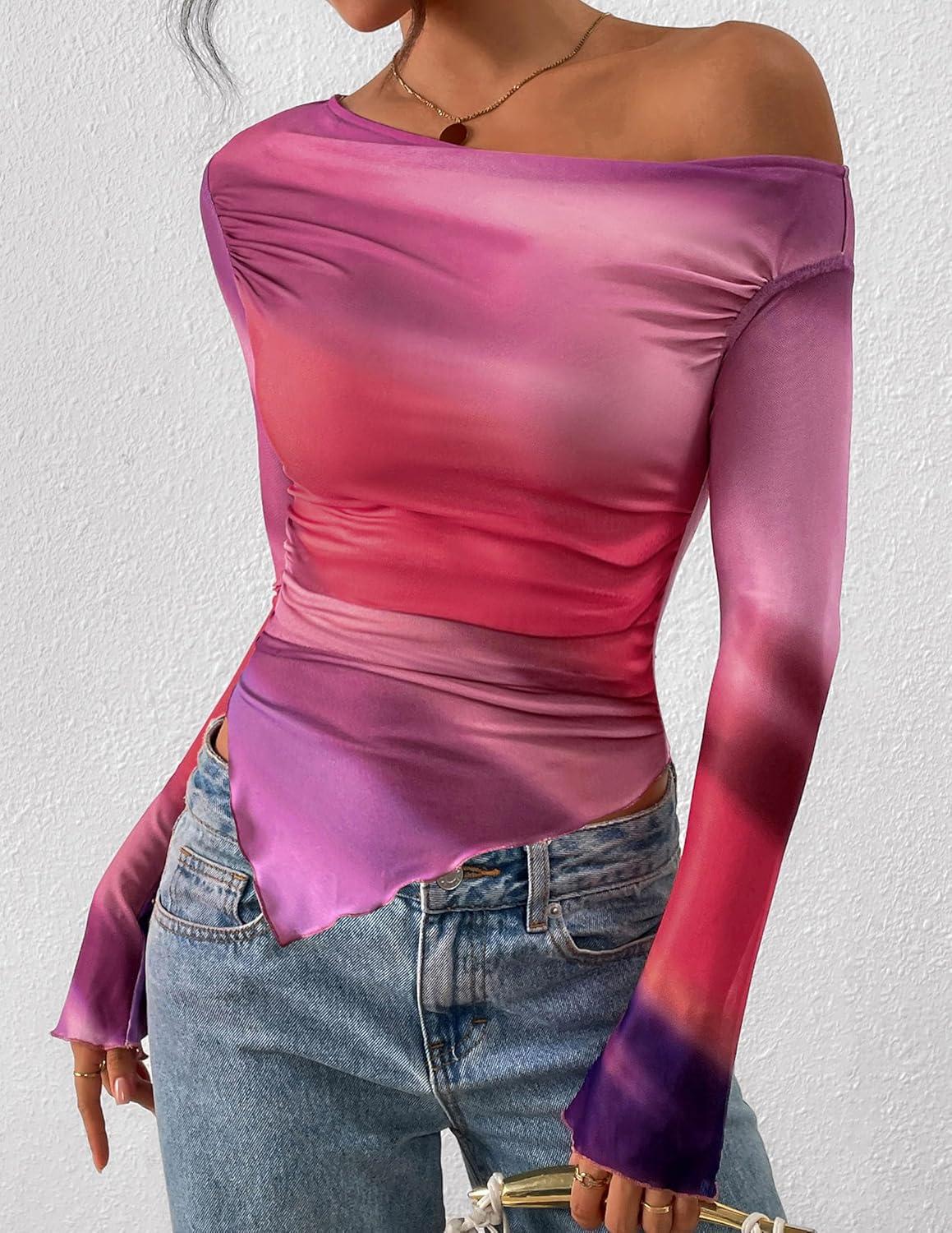 imagePRETTYGARDEN Womens Fall Trendy Off Shoulder Y2k Tops 2025 Tie Dye Mesh Long Sleeve Shirts Asymmetrical Ruched Floral BlouseMulticolour Print