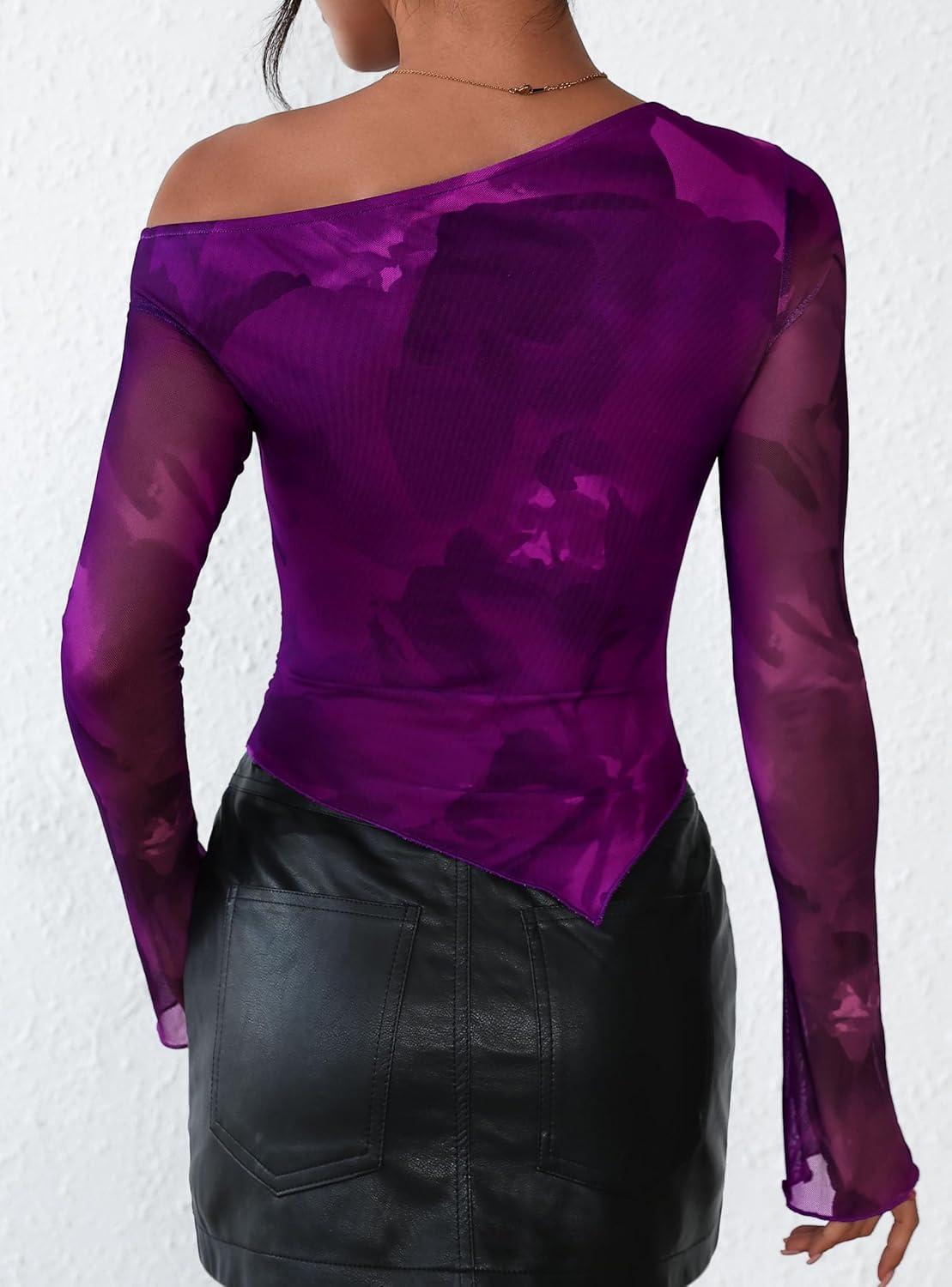 imagePRETTYGARDEN Womens Fall Trendy Off Shoulder Y2k Tops 2025 Tie Dye Mesh Long Sleeve Shirts Asymmetrical Ruched Floral BlousePrint Purple