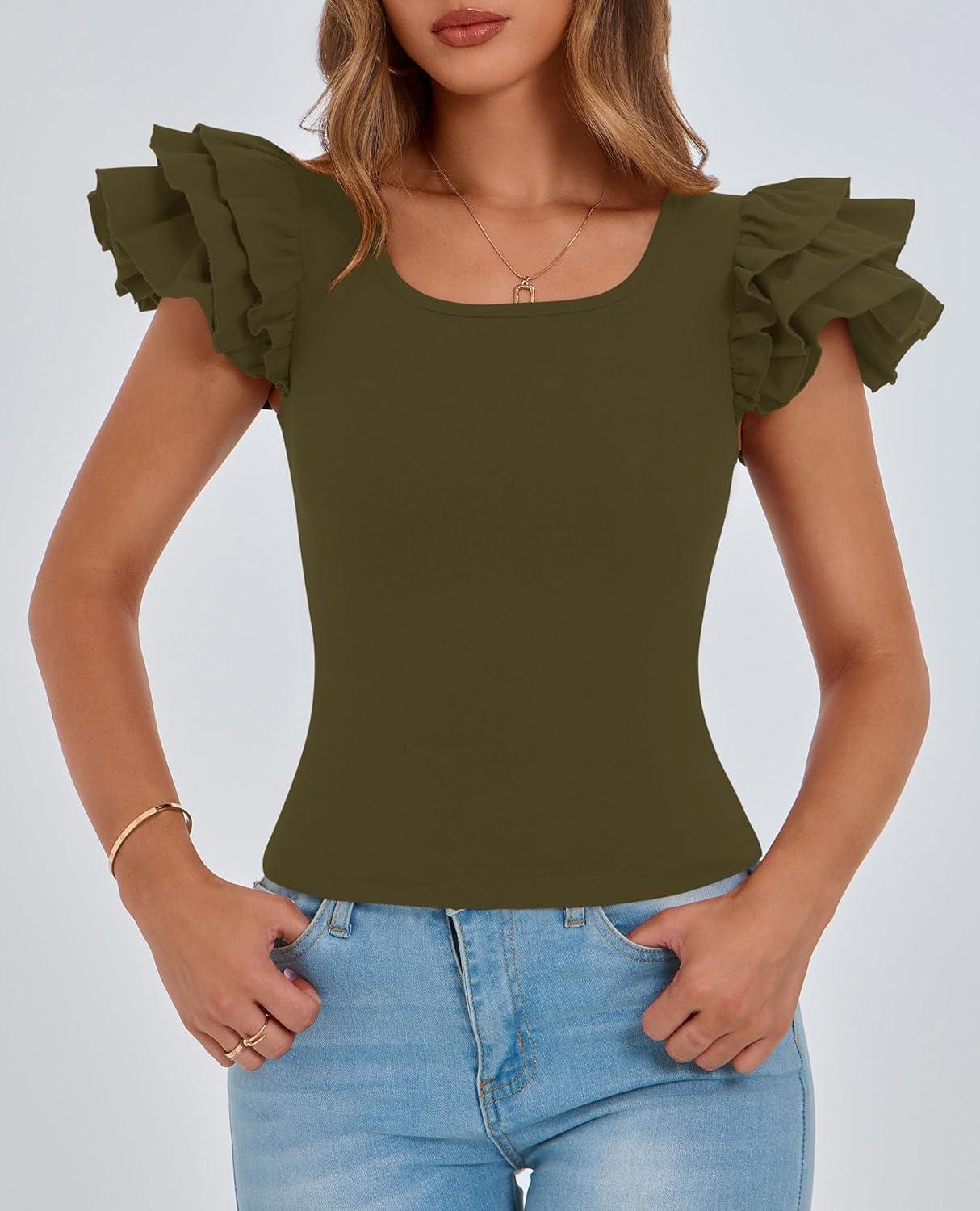 imagePRETTYGARDEN Womens Ruffle Short Sleeve Shirts 2025 Summer Casual Basic Tee Cute Fitted Crew Neck Fashion Tops ClothesArmy Green