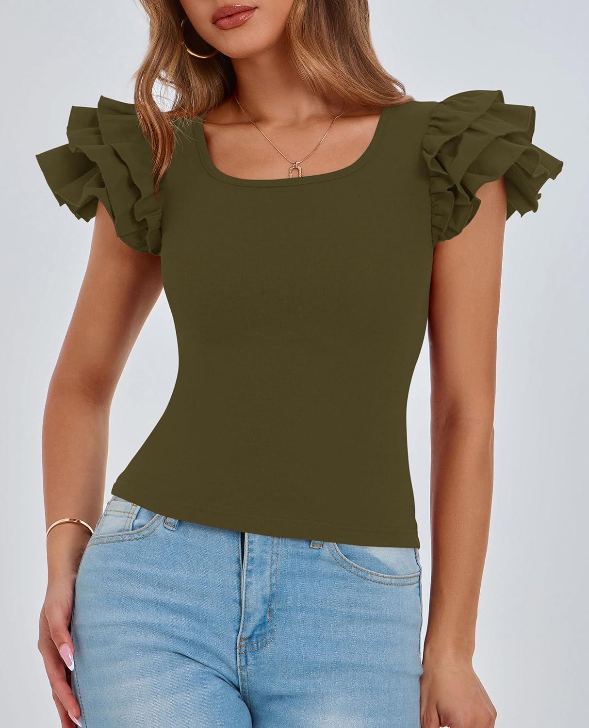 imagePRETTYGARDEN Womens Ruffle Short Sleeve Shirts 2025 Summer Casual Basic Tee Cute Fitted Crew Neck Fashion Tops ClothesArmy Green