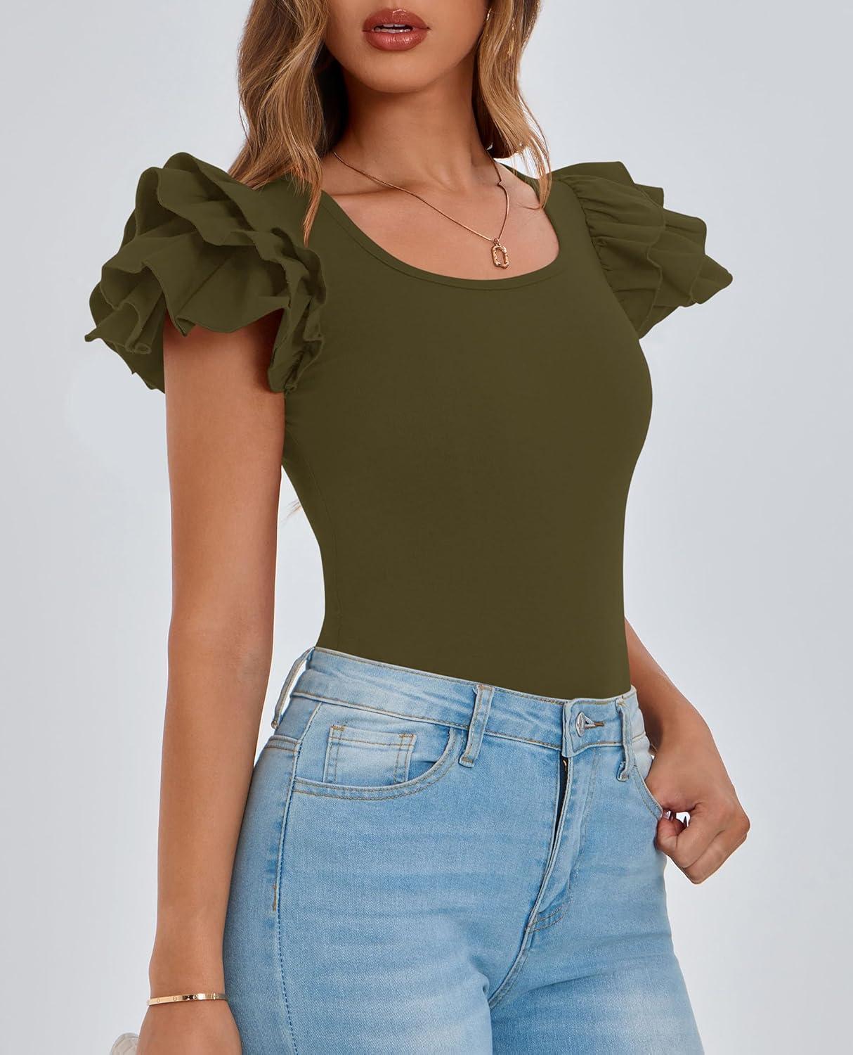 imagePRETTYGARDEN Womens Ruffle Short Sleeve Shirts 2025 Summer Casual Basic Tee Cute Fitted Crew Neck Fashion Tops ClothesArmy Green