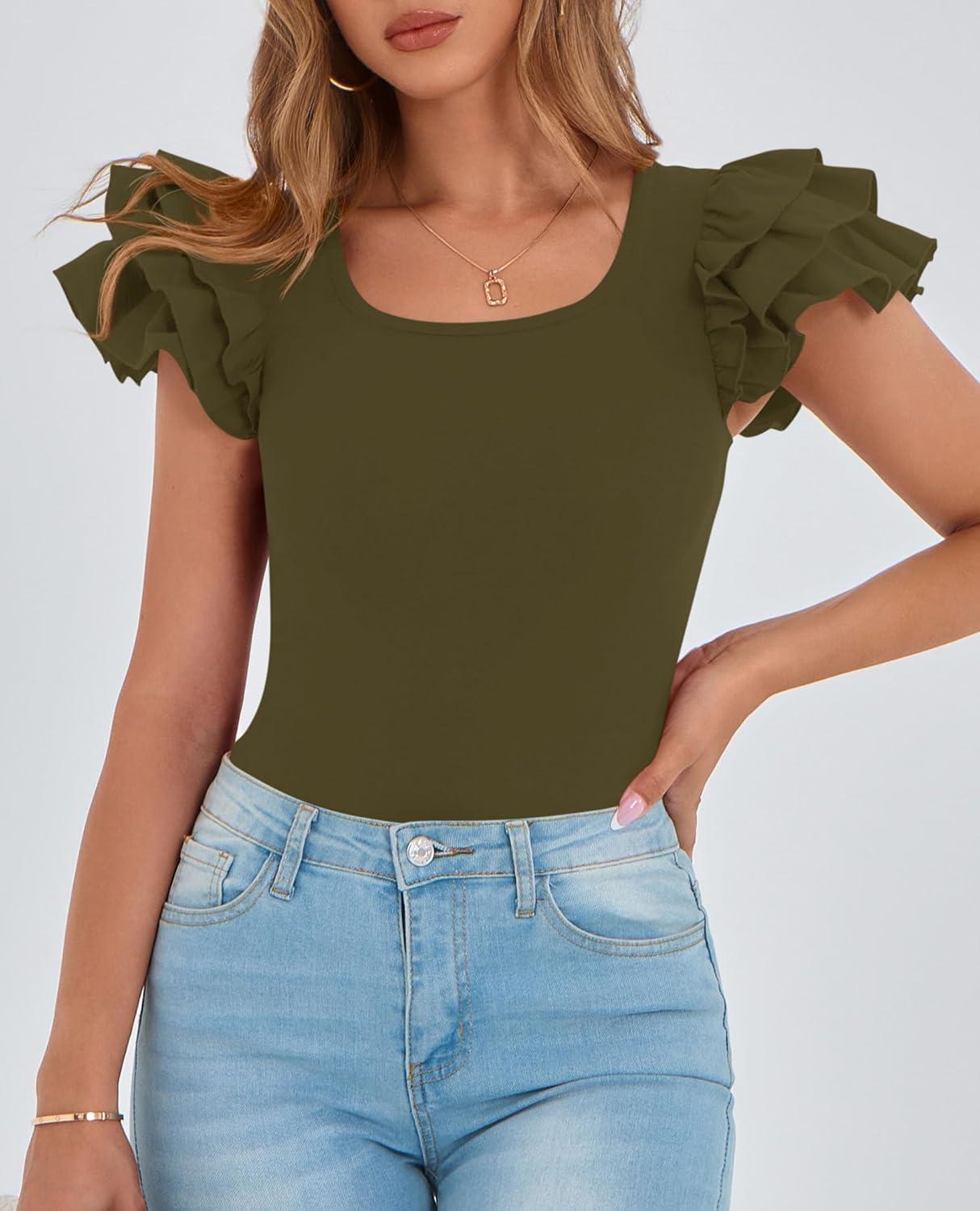 imagePRETTYGARDEN Womens Ruffle Short Sleeve Shirts 2025 Summer Casual Basic Tee Cute Fitted Crew Neck Fashion Tops ClothesArmy Green