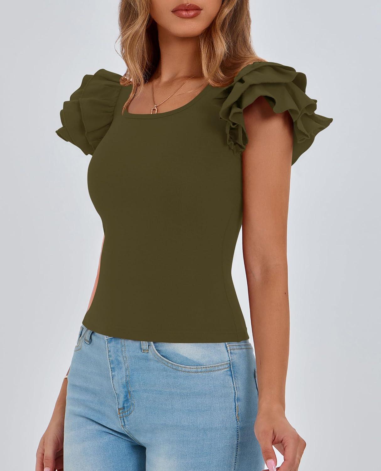 imagePRETTYGARDEN Womens Ruffle Short Sleeve Shirts 2025 Summer Casual Basic Tee Cute Fitted Crew Neck Fashion Tops ClothesArmy Green
