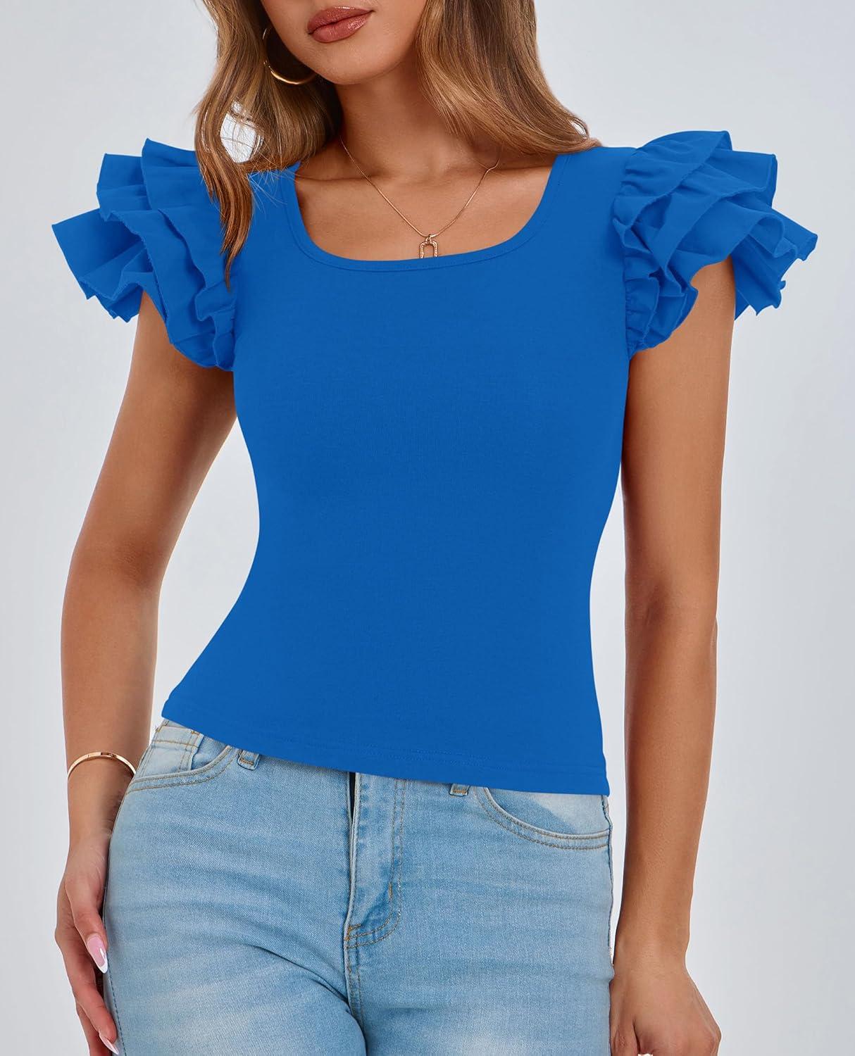 imagePRETTYGARDEN Womens Ruffle Short Sleeve Shirts 2025 Summer Casual Basic Tee Cute Fitted Crew Neck Fashion Tops ClothesBlue