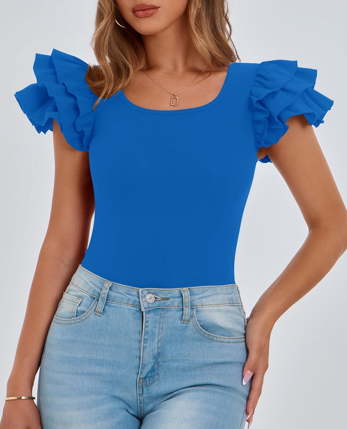 imagePRETTYGARDEN Womens Ruffle Short Sleeve Shirts 2025 Summer Casual Basic Tee Cute Fitted Crew Neck Fashion Tops ClothesBlue