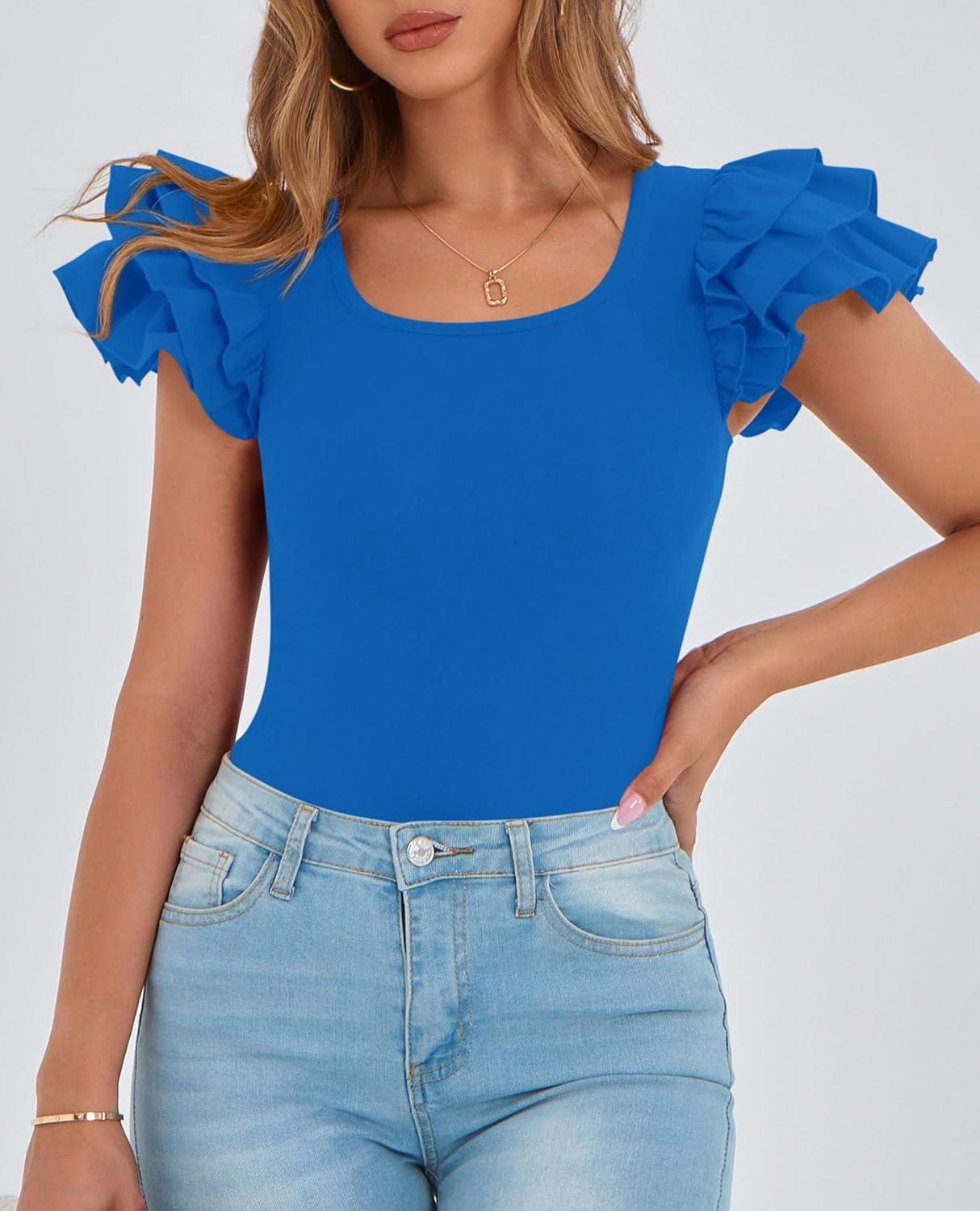 imagePRETTYGARDEN Womens Ruffle Short Sleeve Shirts 2025 Summer Casual Basic Tee Cute Fitted Crew Neck Fashion Tops ClothesBlue