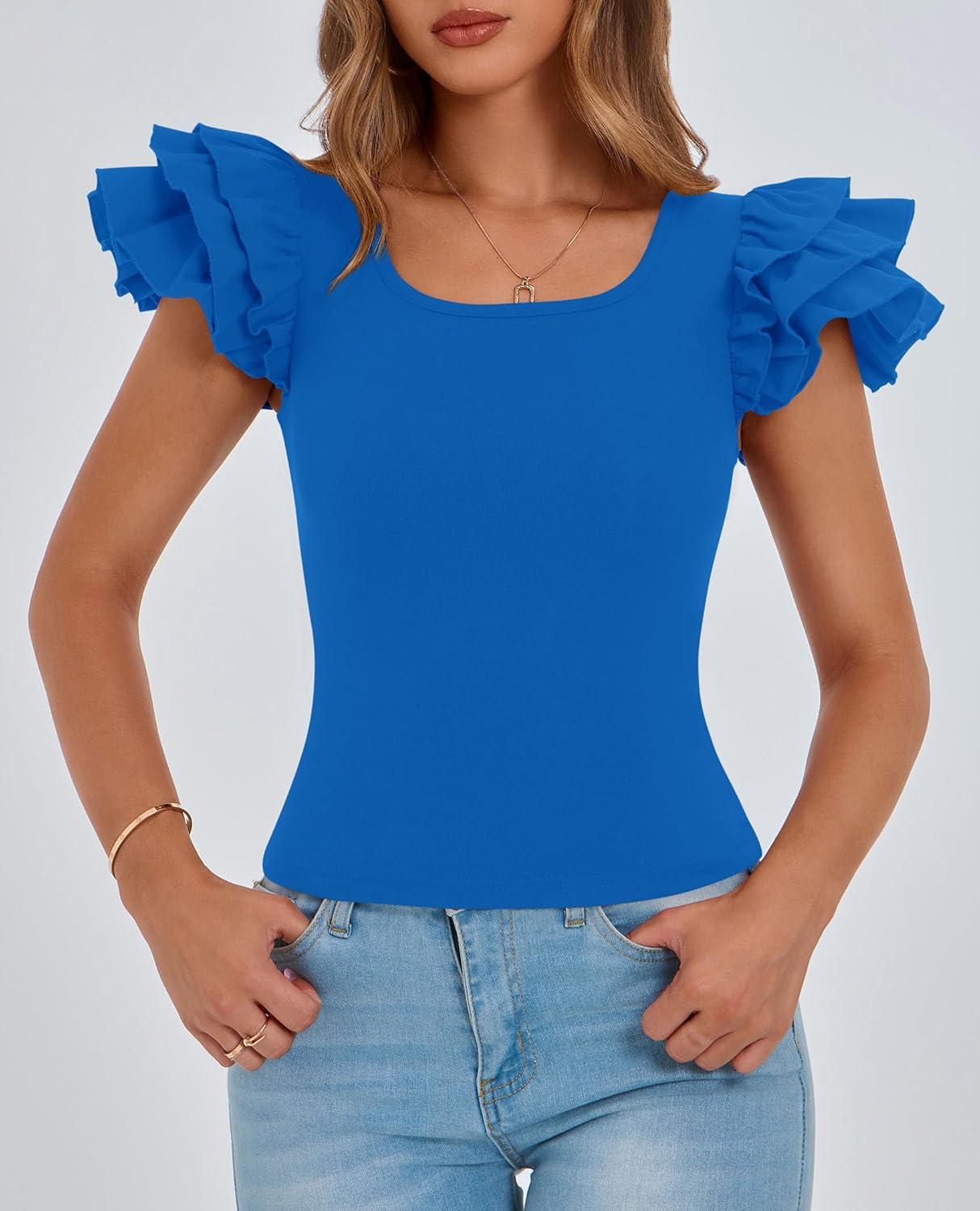 imagePRETTYGARDEN Womens Ruffle Short Sleeve Shirts 2025 Summer Casual Basic Tee Cute Fitted Crew Neck Fashion Tops ClothesBlue