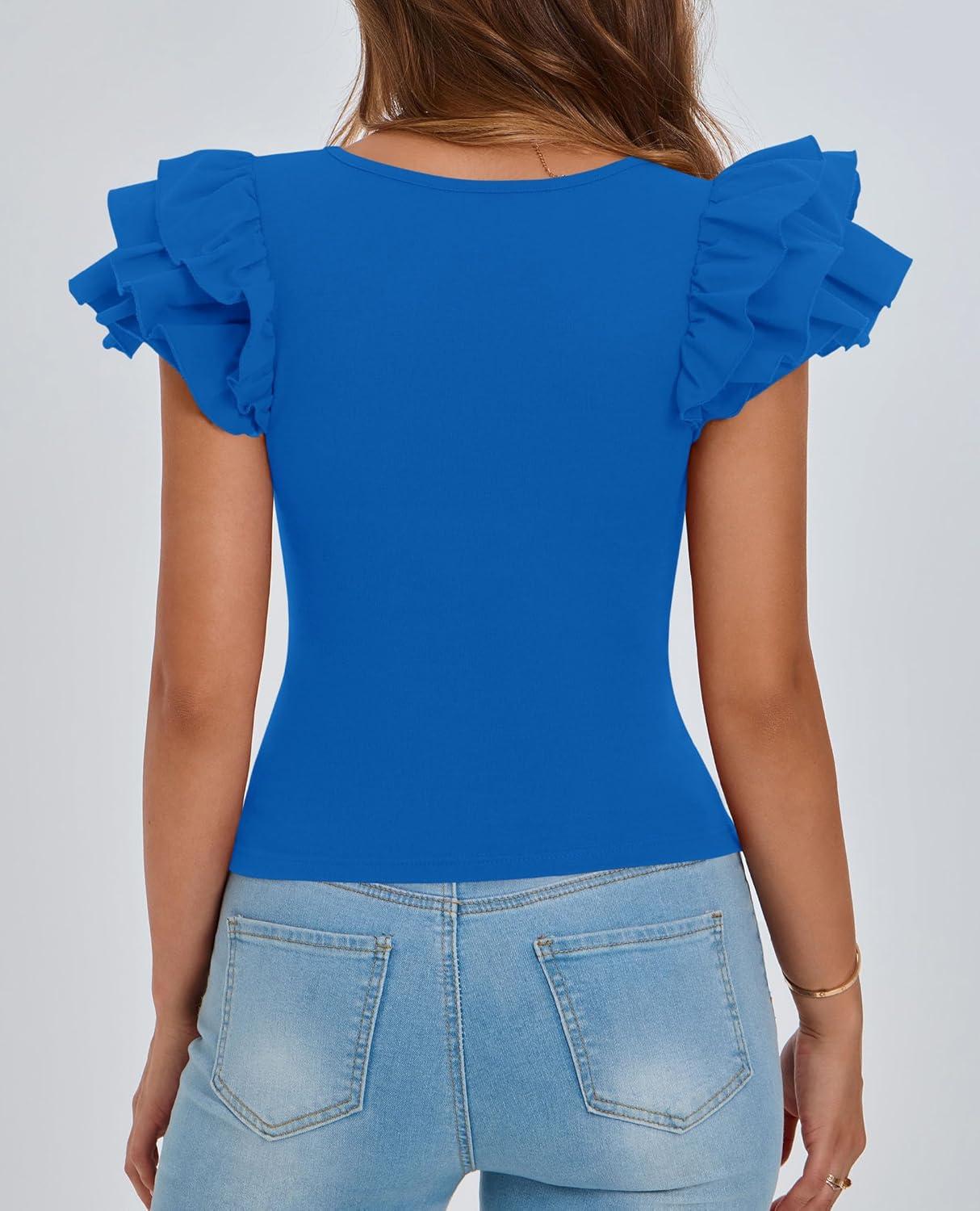 imagePRETTYGARDEN Womens Ruffle Short Sleeve Shirts 2025 Summer Casual Basic Tee Cute Fitted Crew Neck Fashion Tops ClothesBlue