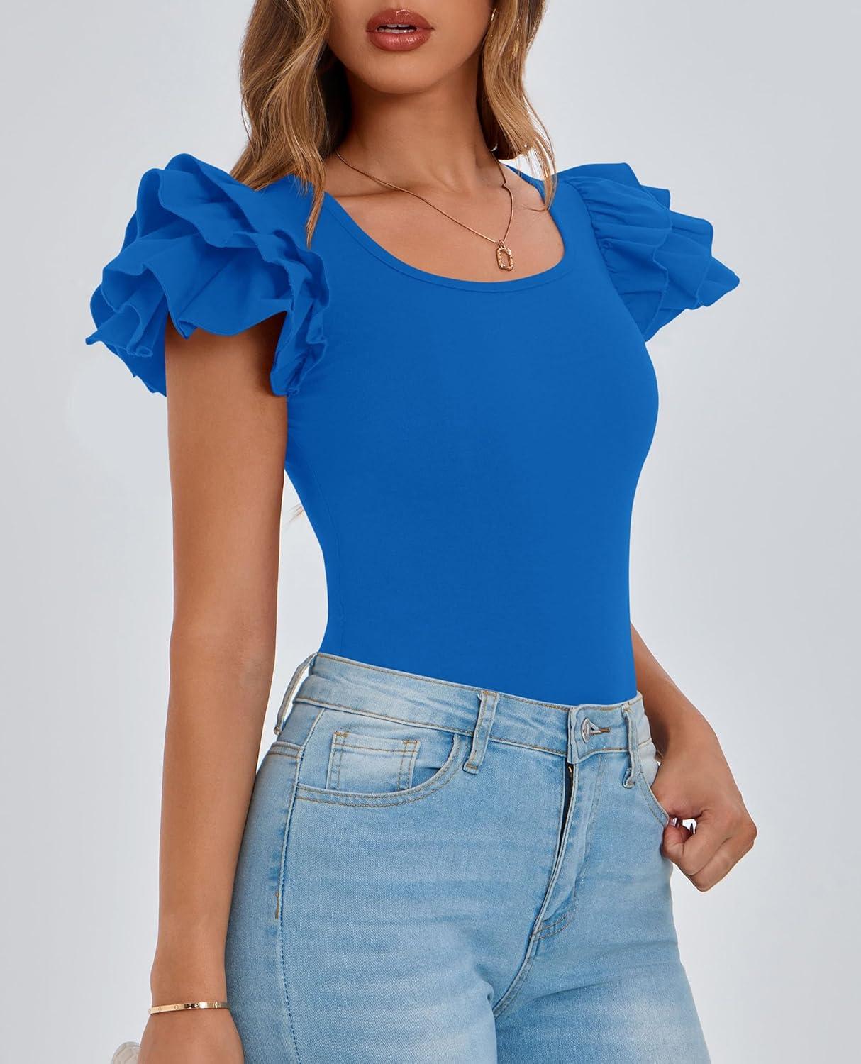 imagePRETTYGARDEN Womens Ruffle Short Sleeve Shirts 2025 Summer Casual Basic Tee Cute Fitted Crew Neck Fashion Tops ClothesBlue