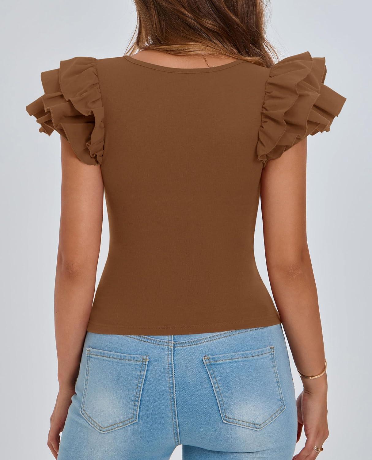 imagePRETTYGARDEN Womens Ruffle Short Sleeve Shirts 2025 Summer Casual Basic Tee Cute Fitted Crew Neck Fashion Tops ClothesBrown