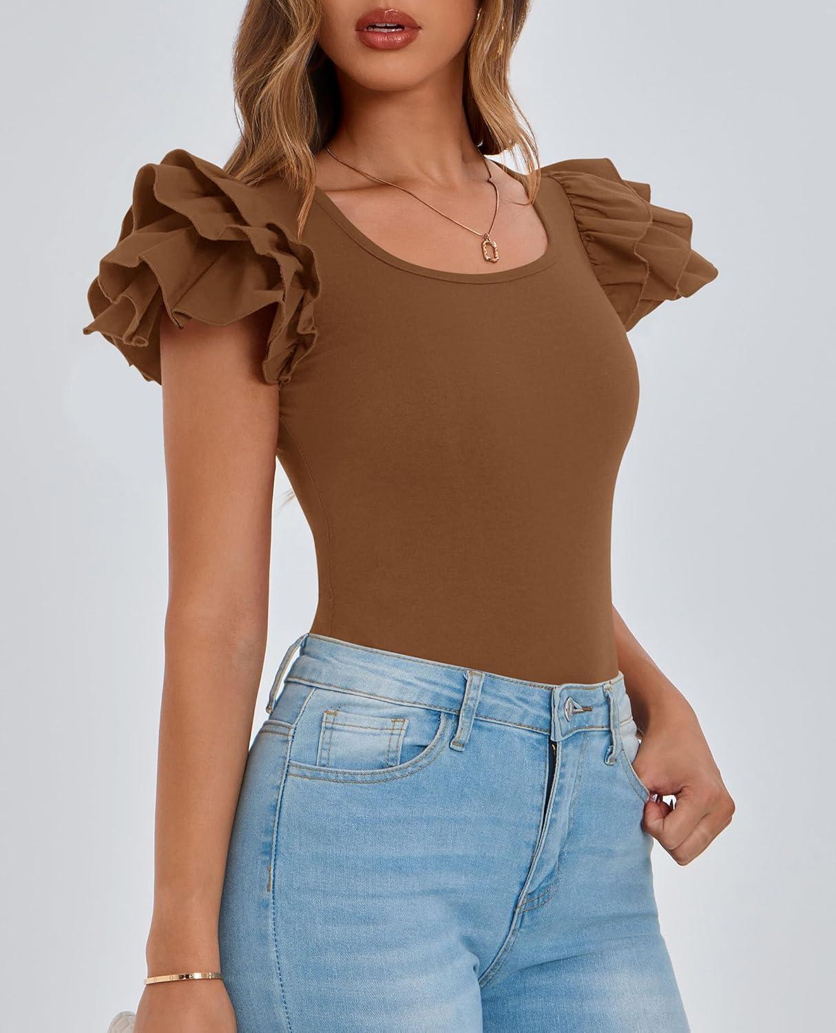 imagePRETTYGARDEN Womens Ruffle Short Sleeve Shirts 2025 Summer Casual Basic Tee Cute Fitted Crew Neck Fashion Tops ClothesBrown