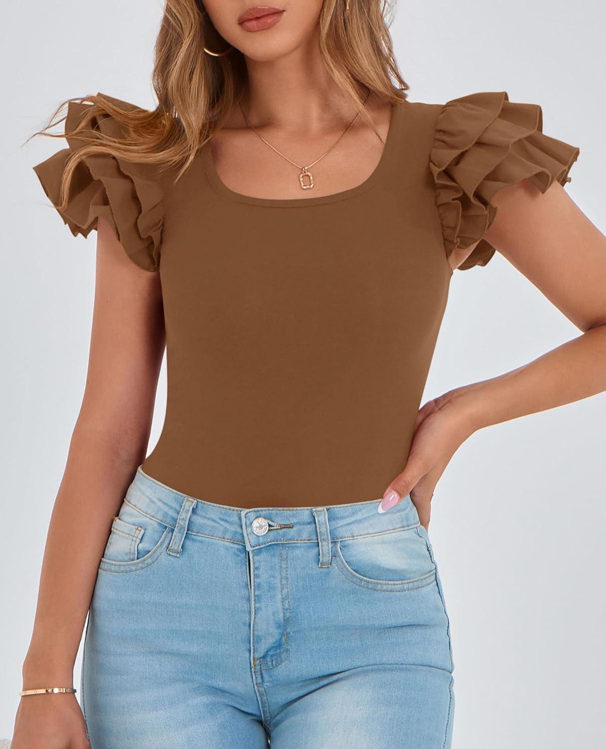 imagePRETTYGARDEN Womens Ruffle Short Sleeve Shirts 2025 Summer Casual Basic Tee Cute Fitted Crew Neck Fashion Tops ClothesBrown