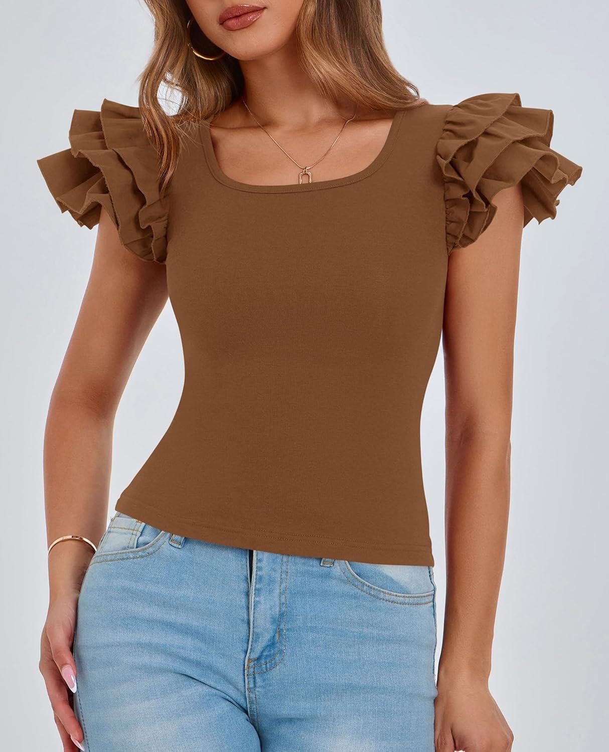 imagePRETTYGARDEN Womens Ruffle Short Sleeve Shirts 2025 Summer Casual Basic Tee Cute Fitted Crew Neck Fashion Tops ClothesBrown
