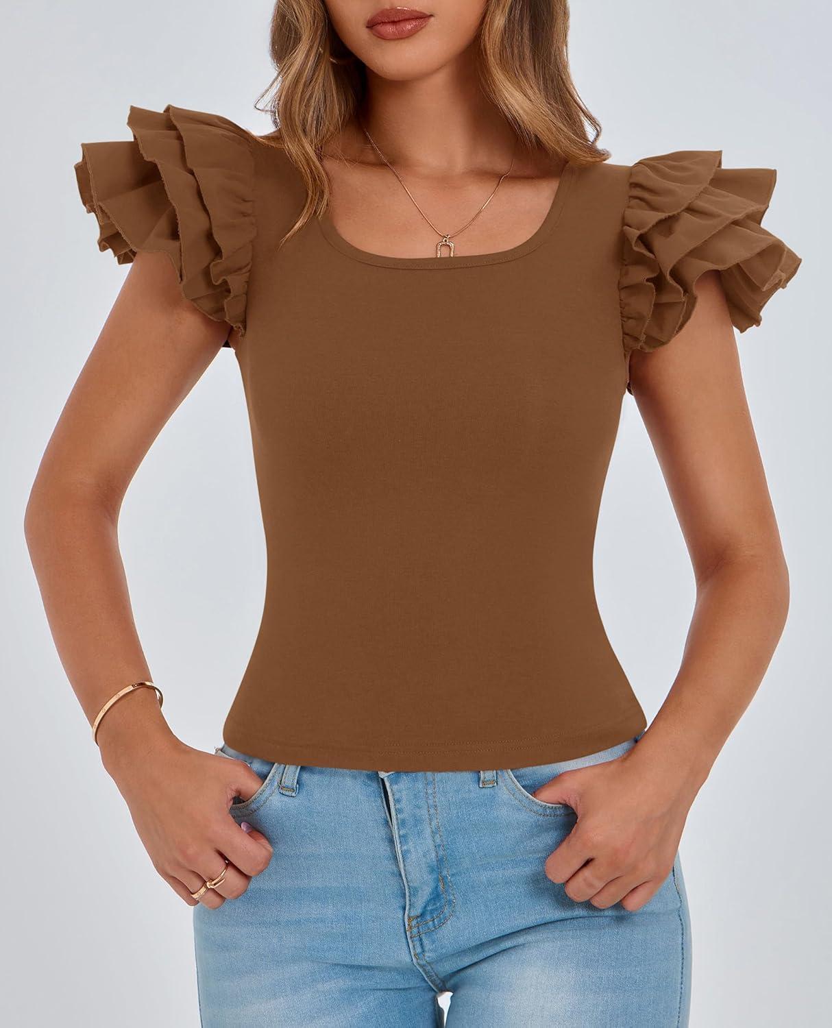 imagePRETTYGARDEN Womens Ruffle Short Sleeve Shirts 2025 Summer Casual Basic Tee Cute Fitted Crew Neck Fashion Tops ClothesBrown