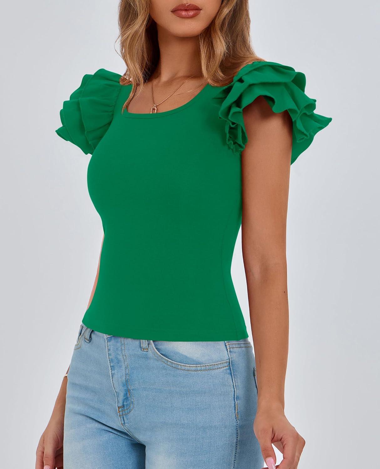 imagePRETTYGARDEN Womens Ruffle Short Sleeve Shirts 2025 Summer Casual Basic Tee Cute Fitted Crew Neck Fashion Tops ClothesGreen