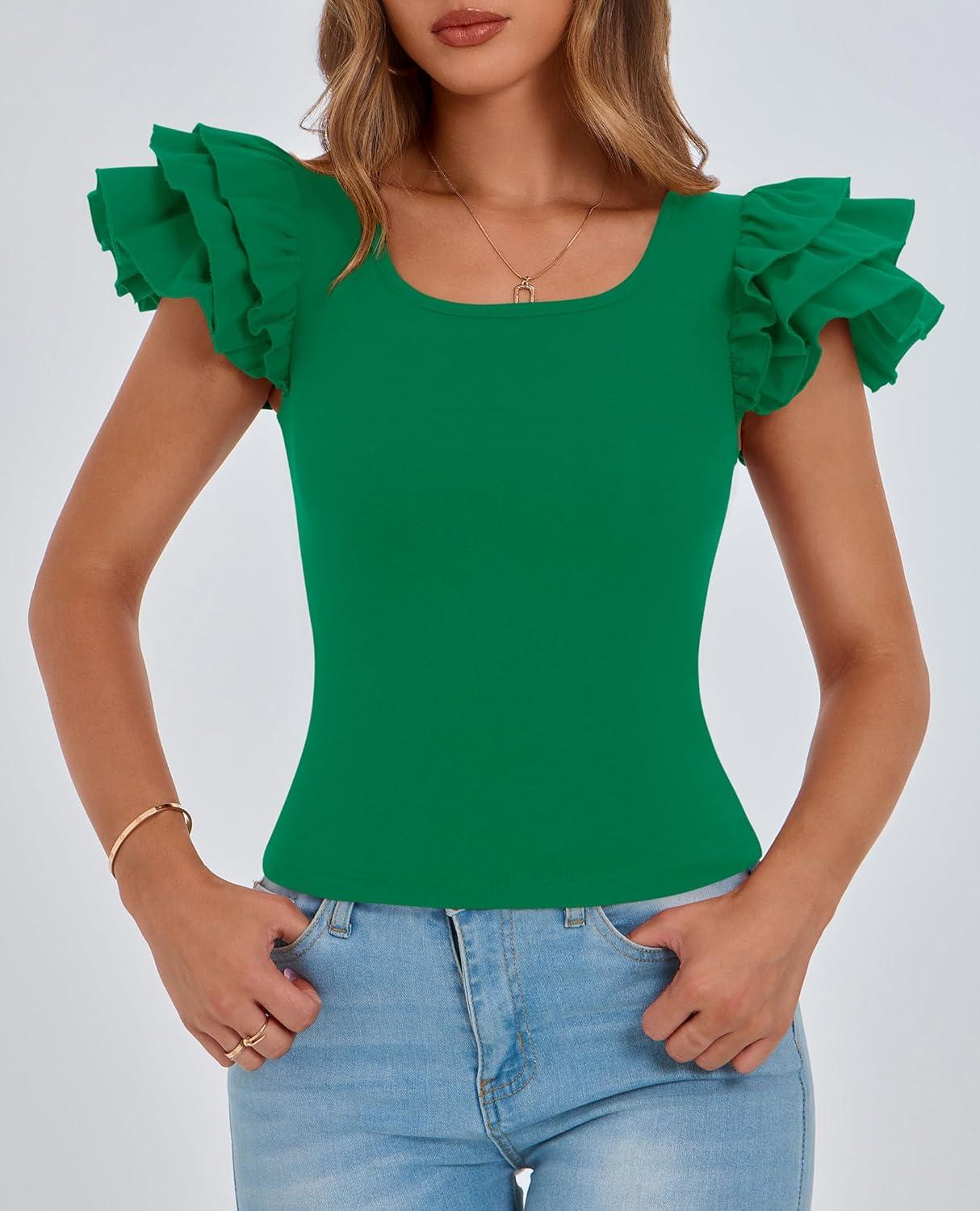 imagePRETTYGARDEN Womens Ruffle Short Sleeve Shirts 2025 Summer Casual Basic Tee Cute Fitted Crew Neck Fashion Tops ClothesGreen