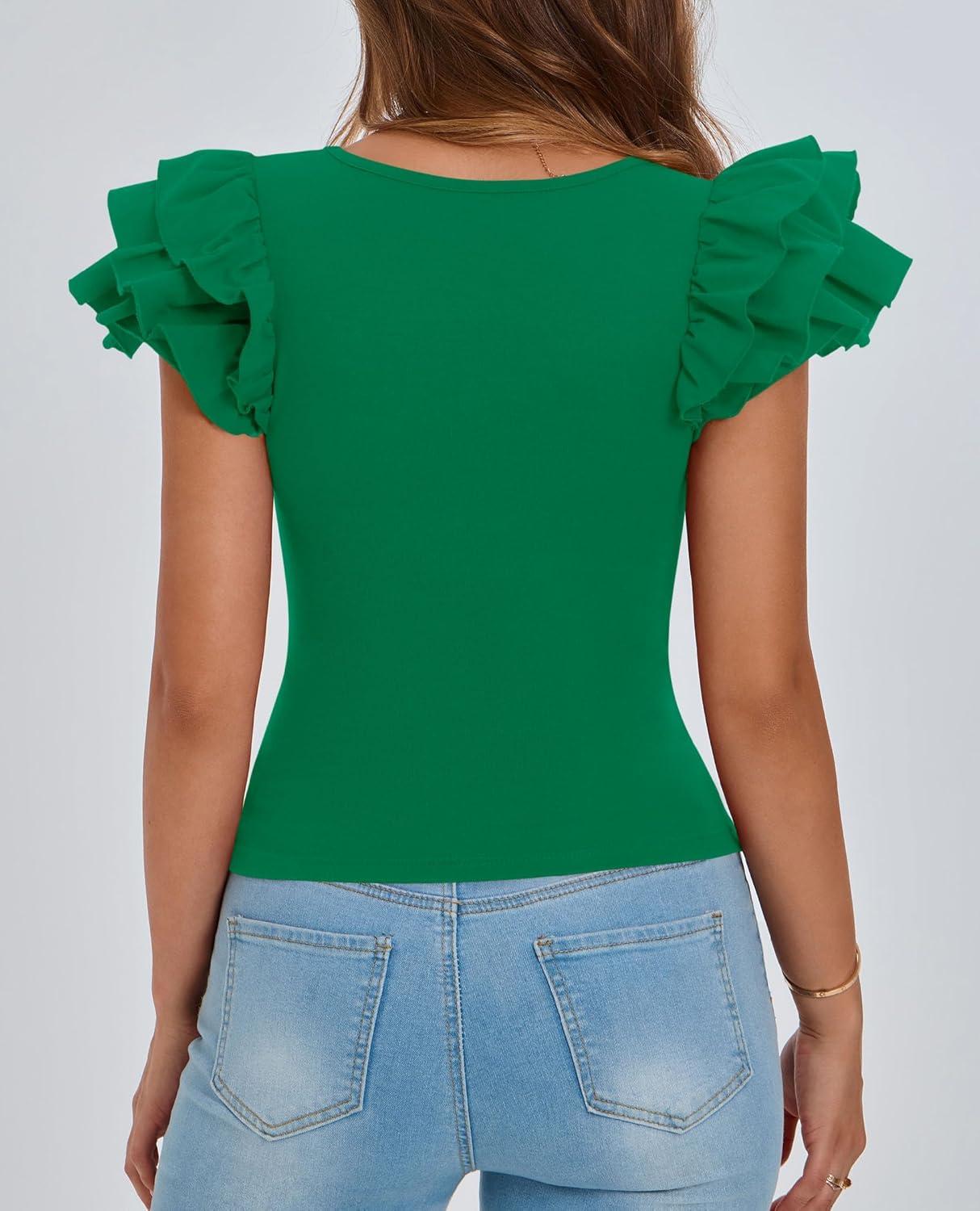 imagePRETTYGARDEN Womens Ruffle Short Sleeve Shirts 2025 Summer Casual Basic Tee Cute Fitted Crew Neck Fashion Tops ClothesGreen