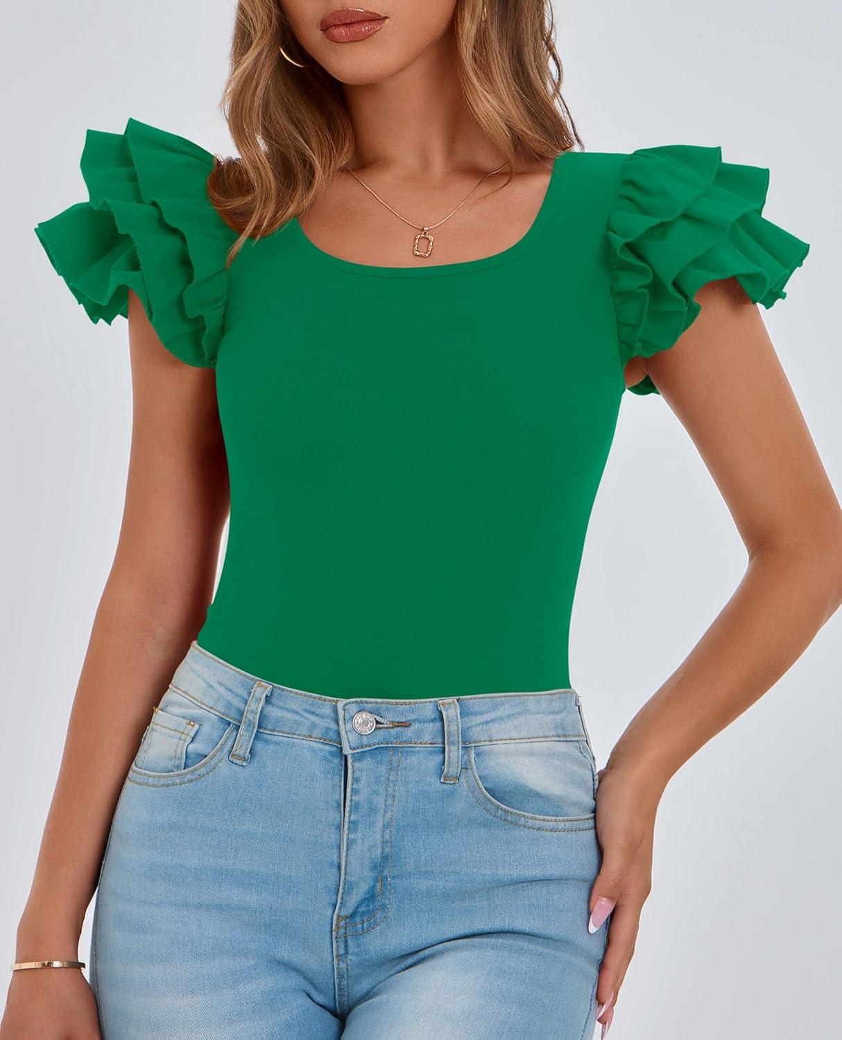 imagePRETTYGARDEN Womens Ruffle Short Sleeve Shirts 2025 Summer Casual Basic Tee Cute Fitted Crew Neck Fashion Tops ClothesGreen