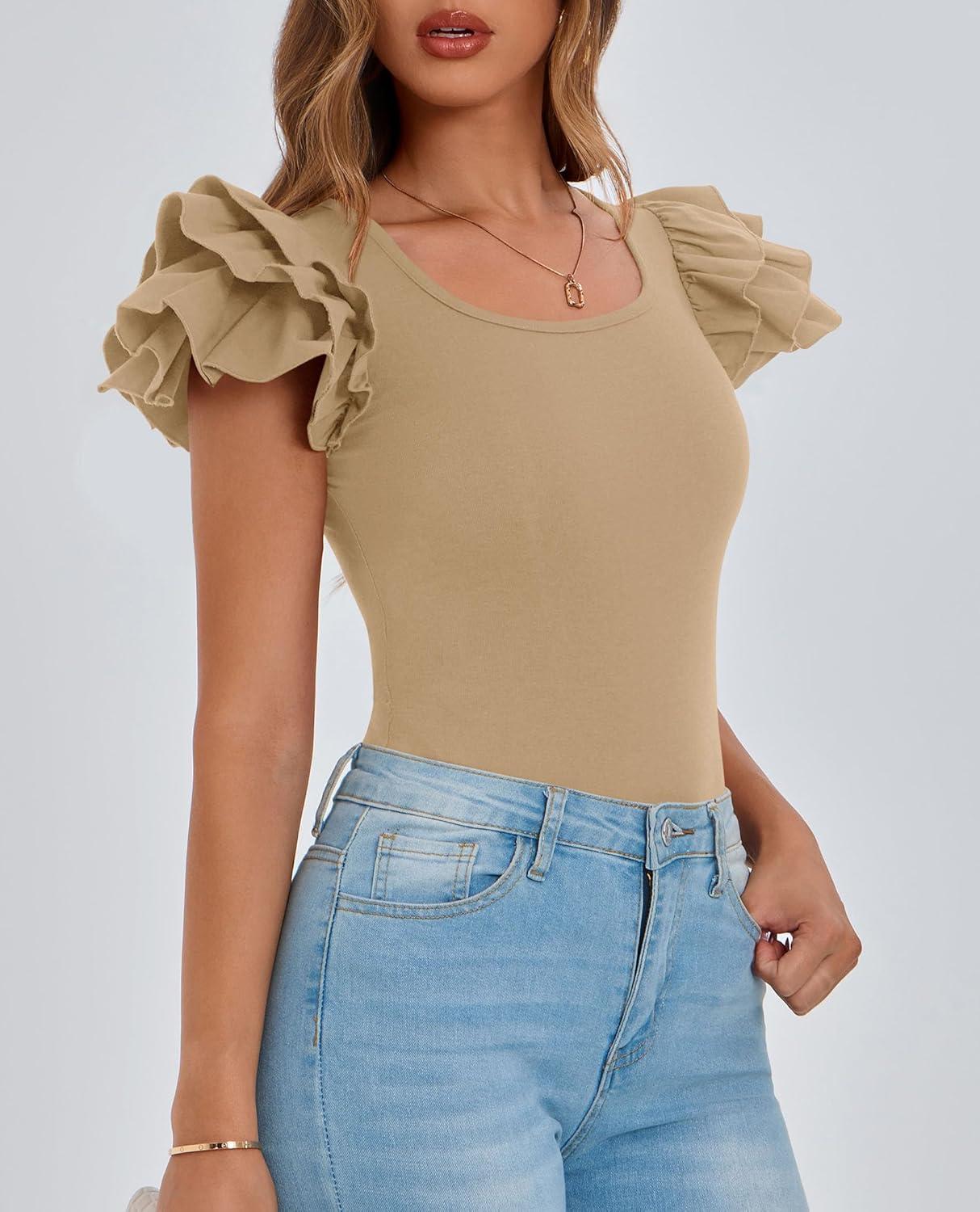 imagePRETTYGARDEN Womens Ruffle Short Sleeve Shirts 2025 Summer Casual Basic Tee Cute Fitted Crew Neck Fashion Tops ClothesKhaki